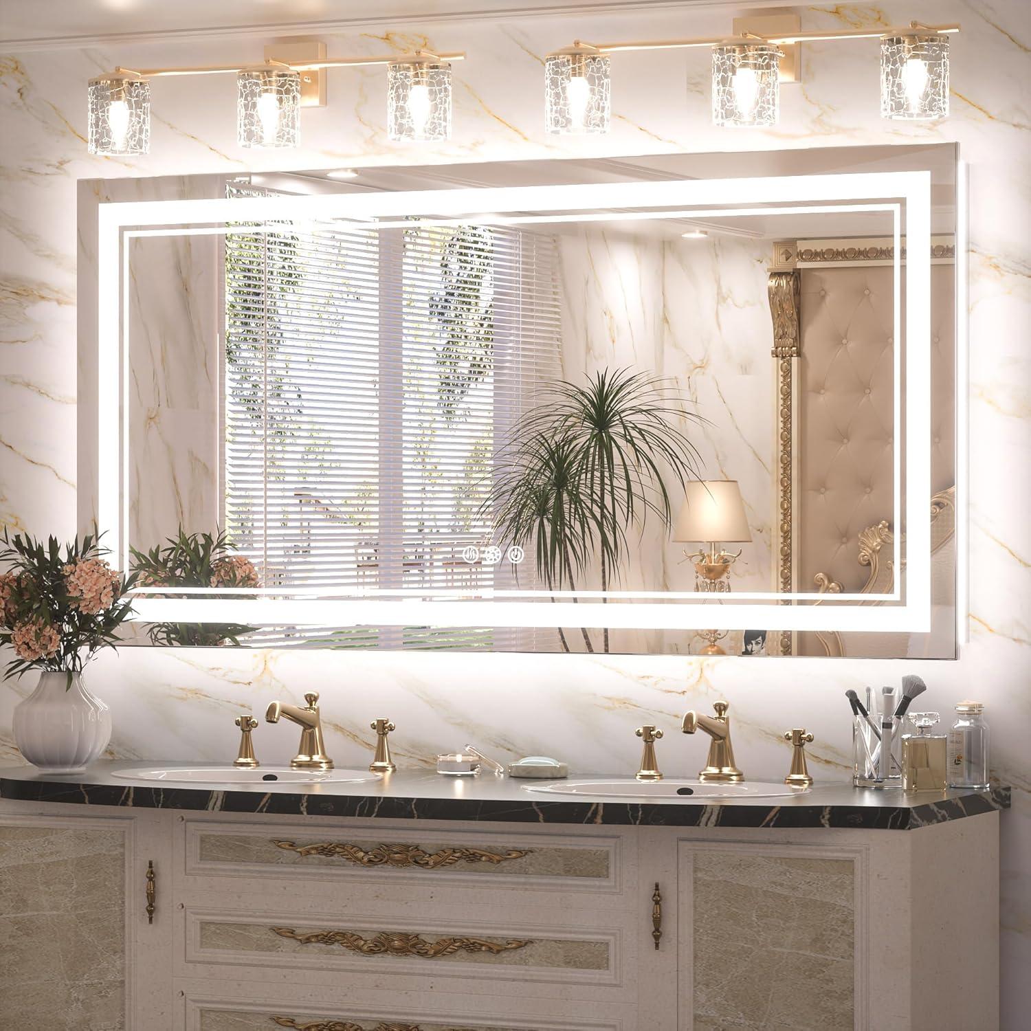 Keonjinn LED Bathroom Mirror 48" x 24" with Frontlit and Backlit, Stepless 3 Colors Temperature & Dimmable Wall Mirror, Tempered Glass, UL Listed LED Driver, Double LED Strips Lighted Vanity Mirror