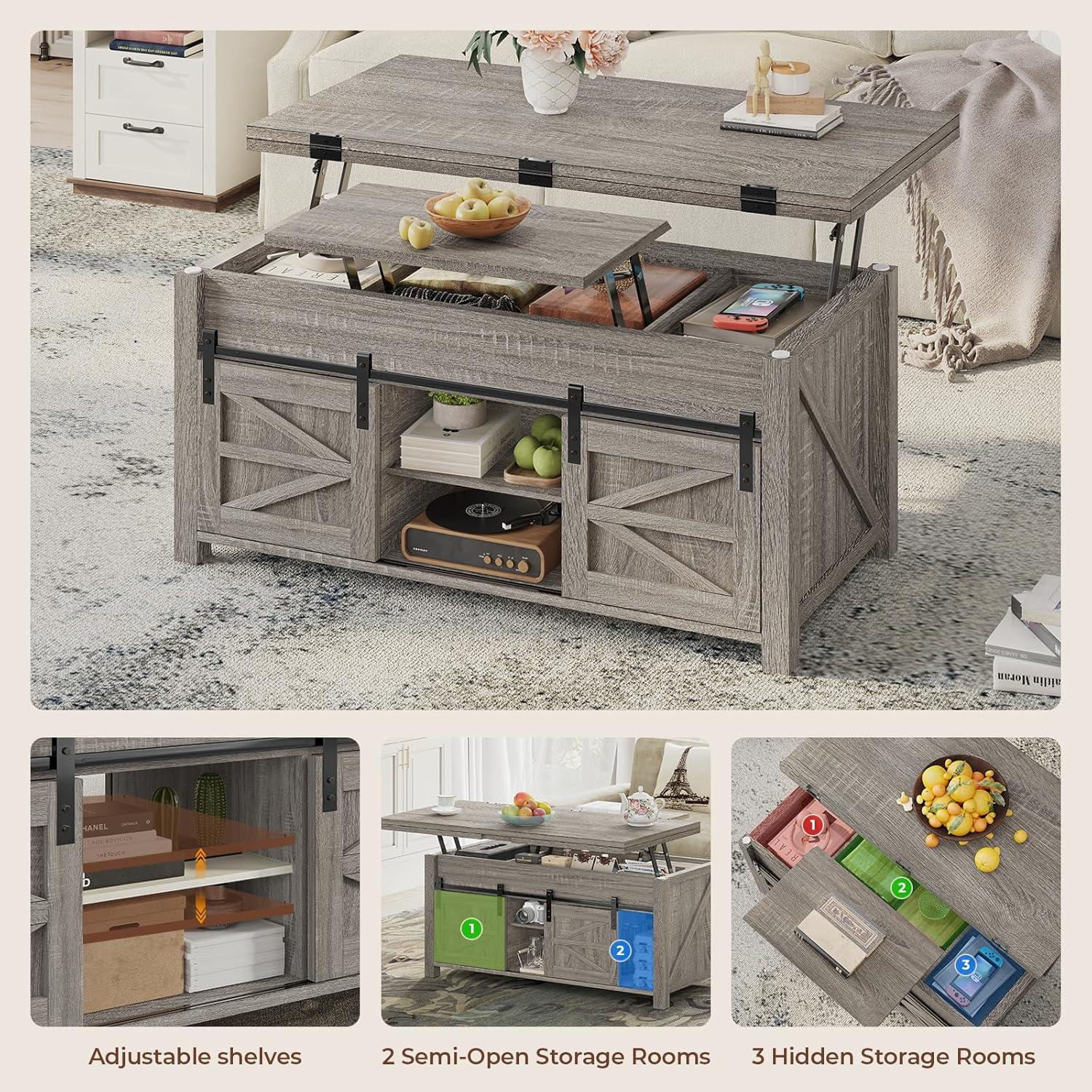 Jode Lift Top Coffee Table for Living Room with 4 Sliding Barn Doors