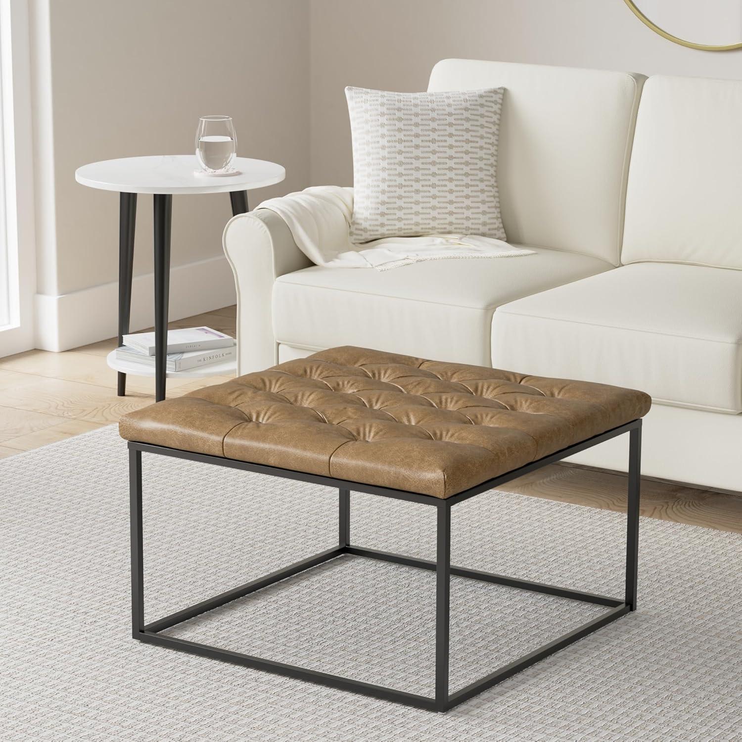 Square Metal Ottoman with Faux Leather & Open Frame - HomePop: Industrial Style, Footstool, End of Bed Bench