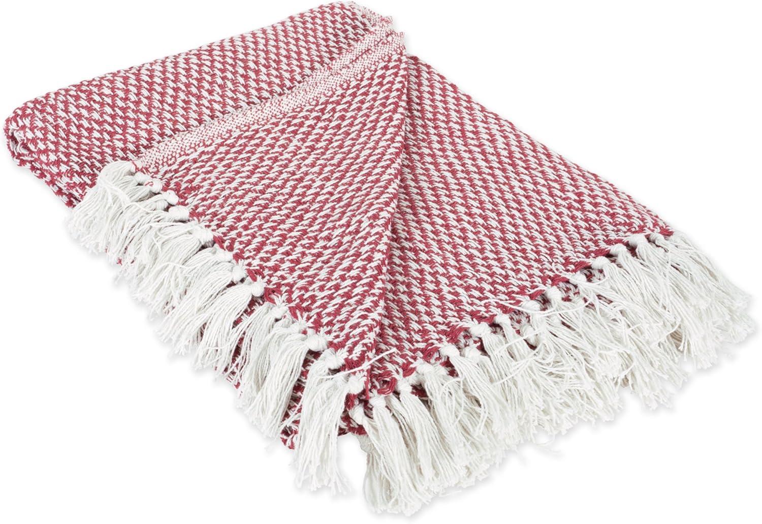 Barn Red Cotton Woven Throw with Sherpa Fringe