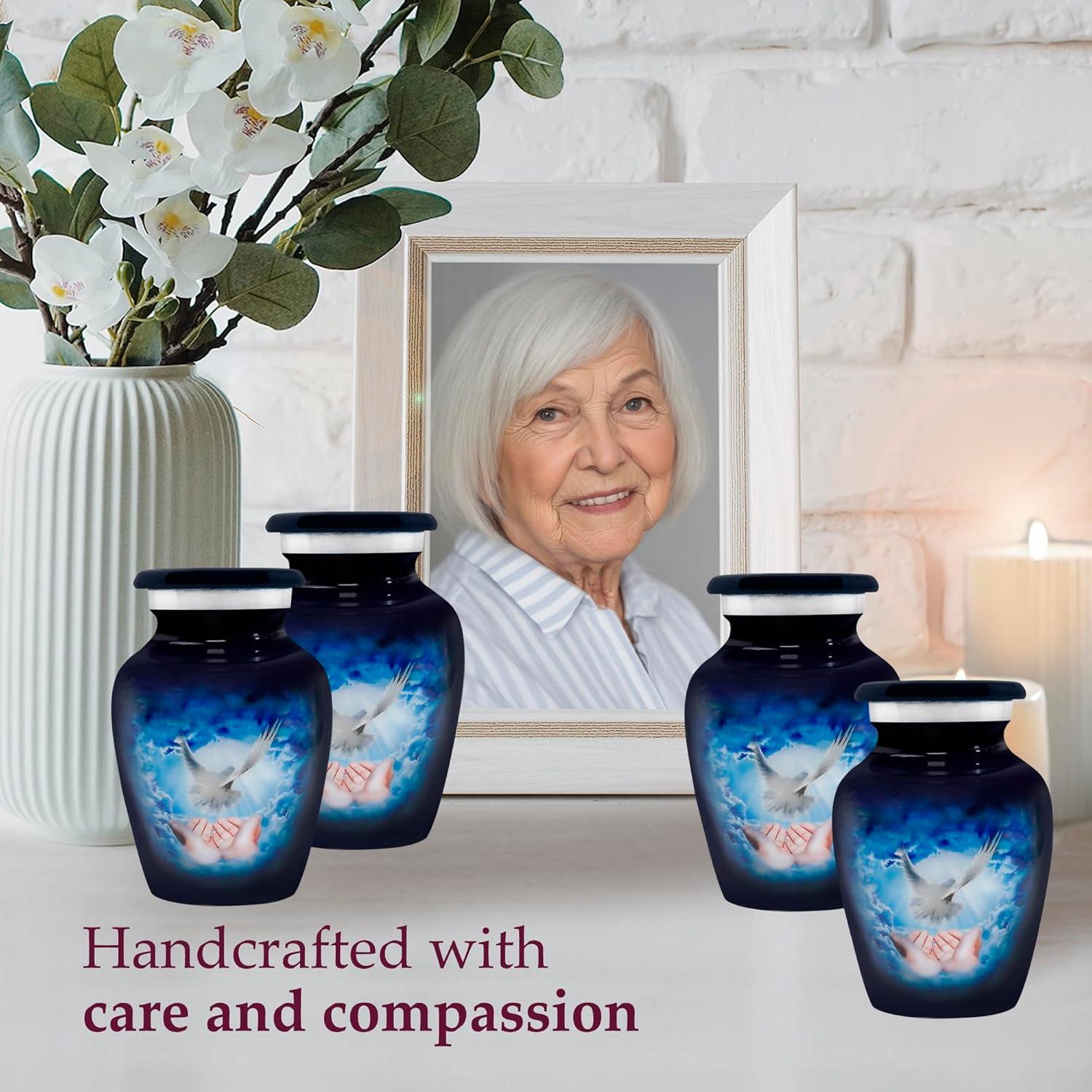Trupoint Memorials Small Urns for Human Ashes Keepsake, Decorative Mini Cremation Urn for Adult Men & Women – Set of 4, Blue Dove