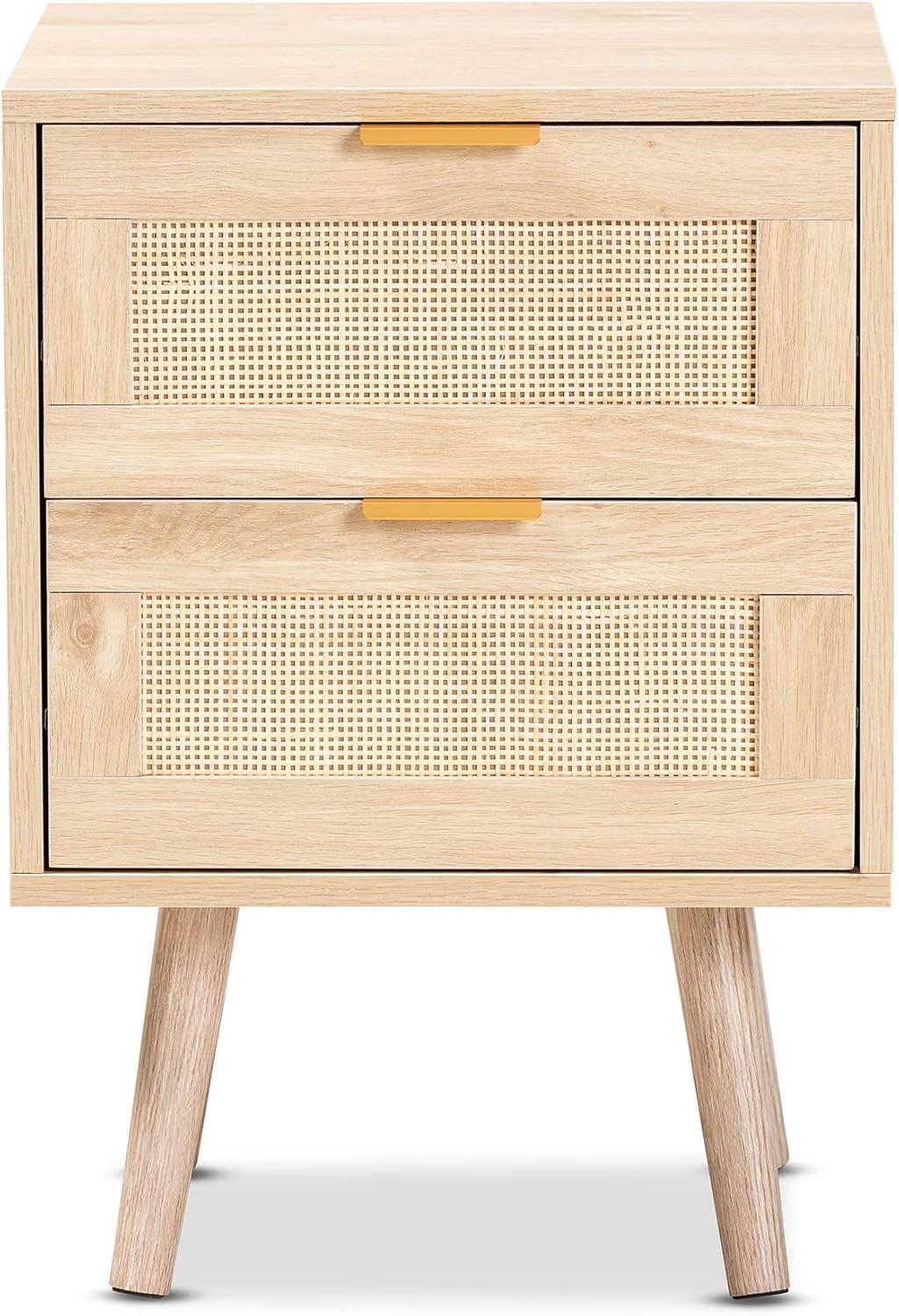 Baird Wood and Rattan 2 Drawer Nightstand Brown - Baxton Studio: Bohemian Style, Gold Tone Handles