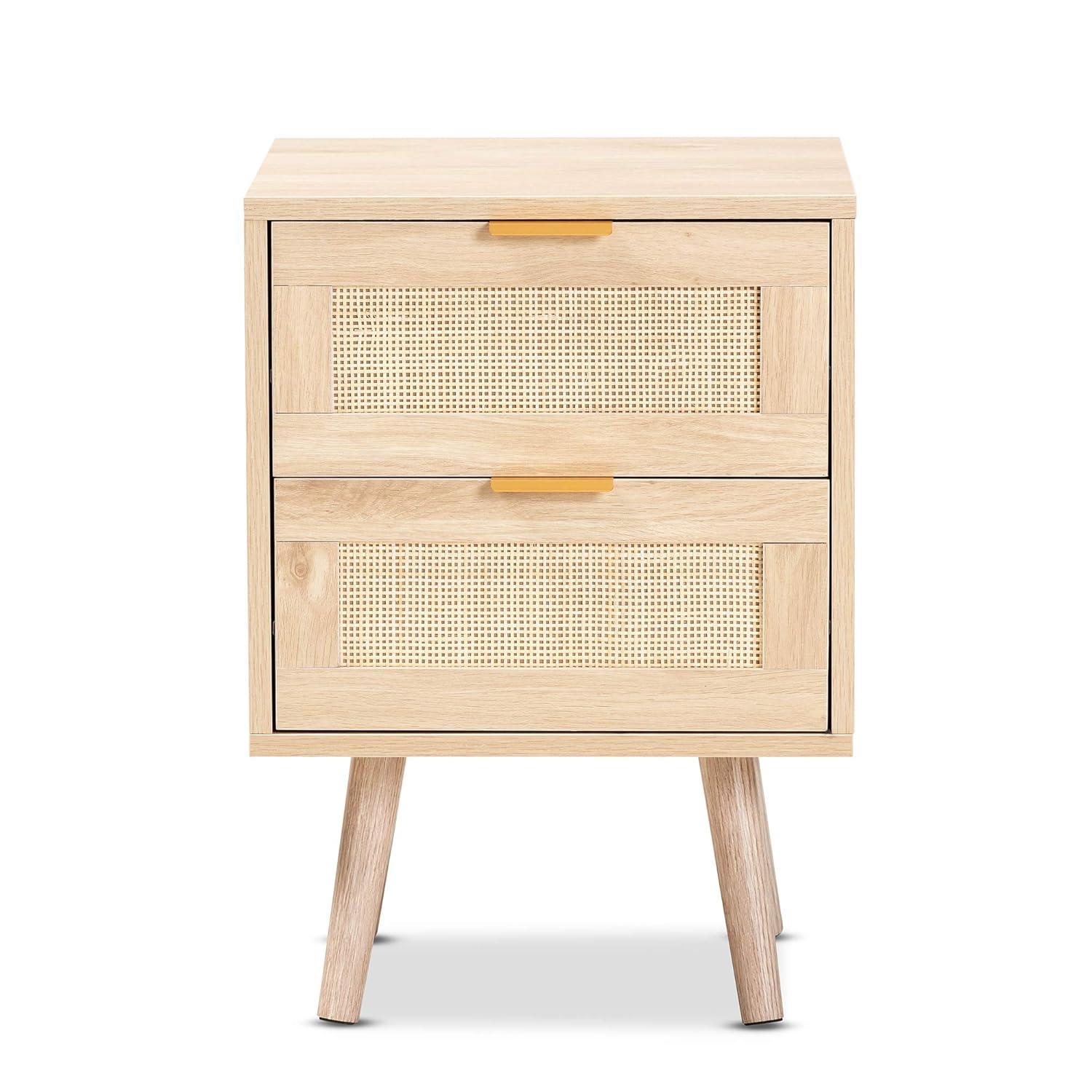 Baird Wood and Rattan 2 Drawer Nightstand Brown - Baxton Studio: Bohemian Style, Gold Tone Handles