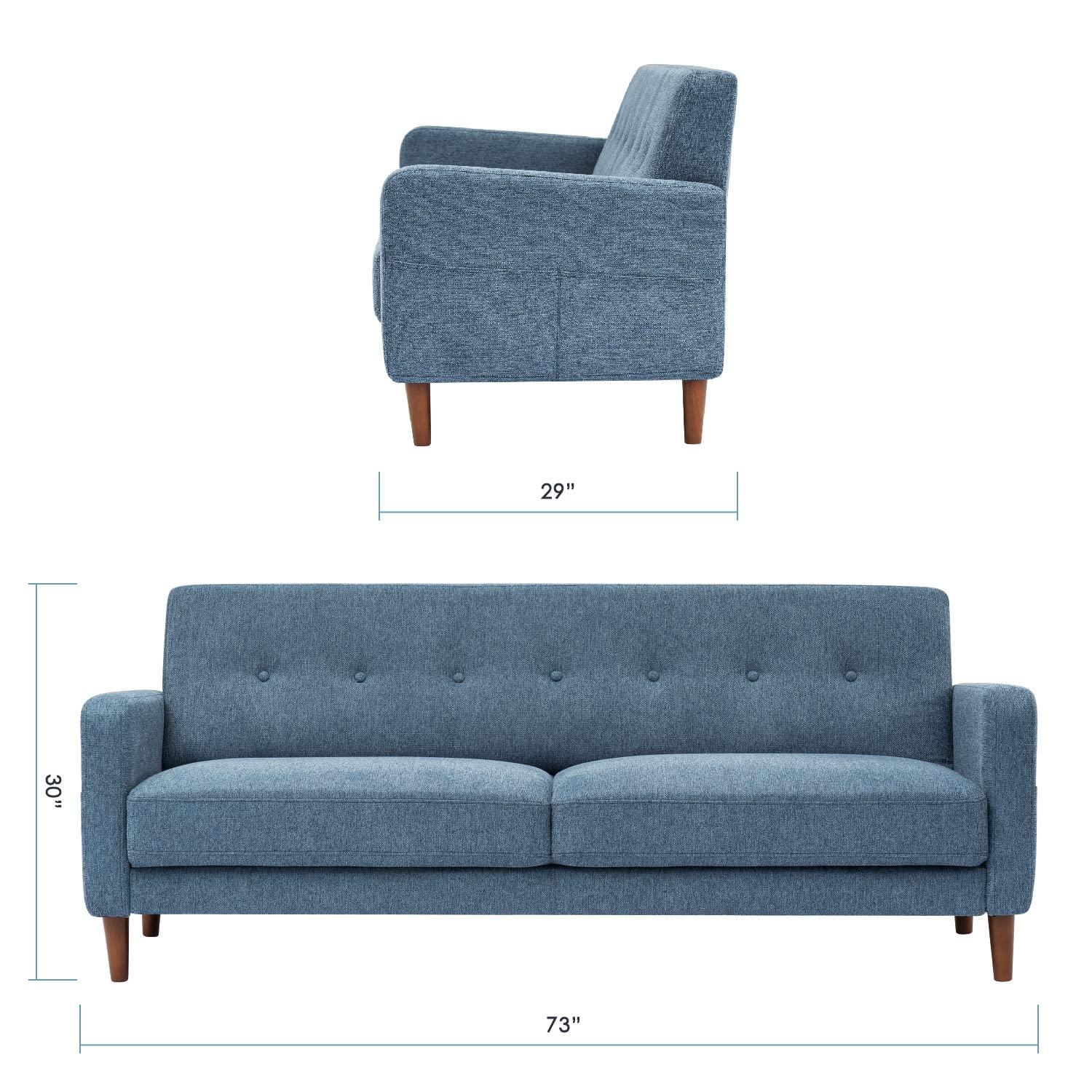 Mellow Adair Mid-Century Modern Sofa Couch with Armrest Pockets, Tufted Linen Fabric, Heather Blue