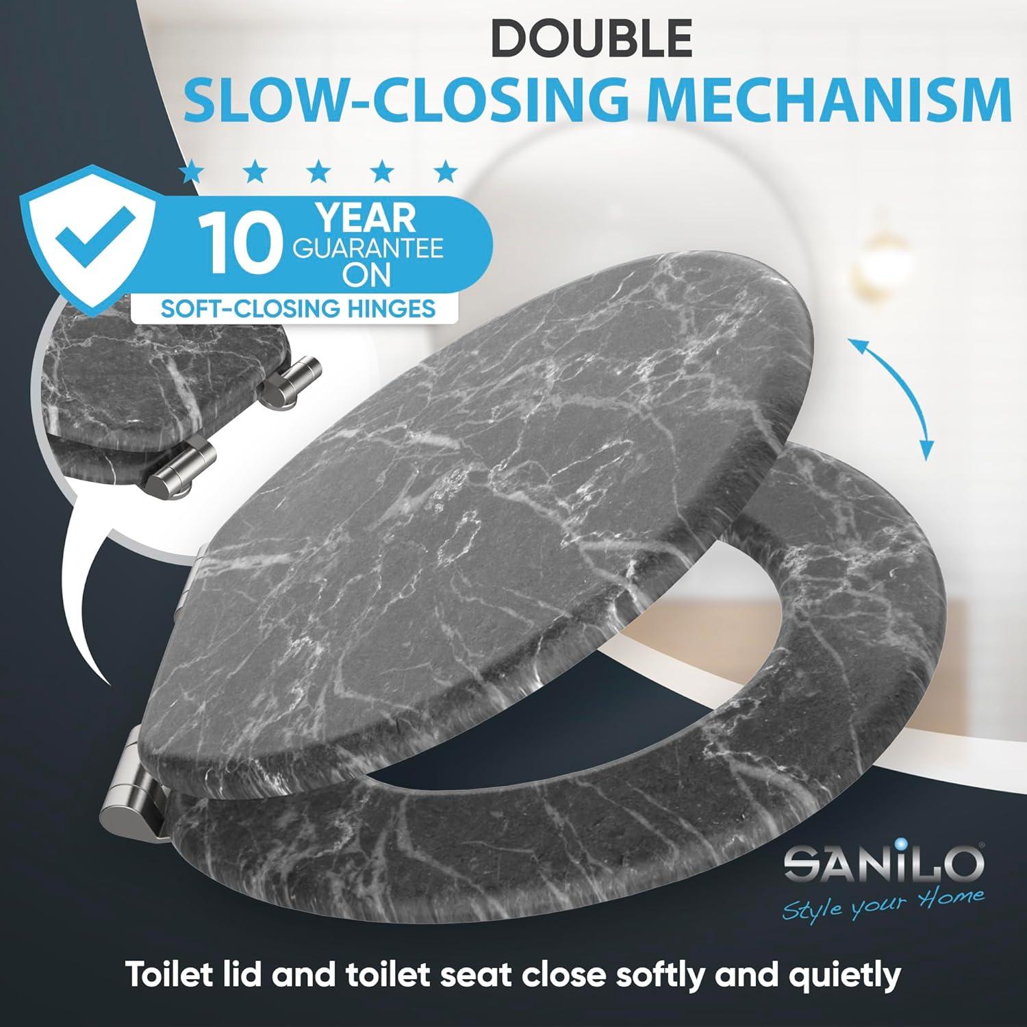 Sanilo Toilet Seat ROUND with Soft Close, Quiet and Slow Close Lid and Seat, Strong Bumpers and Hinges, Marble Gray
