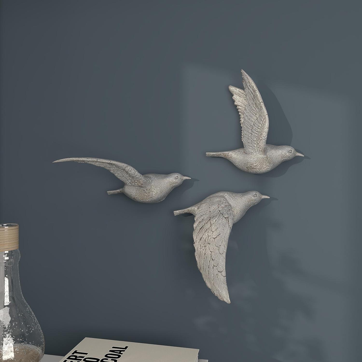 Silver Polystone Bird Wall Sculpture Set of 3