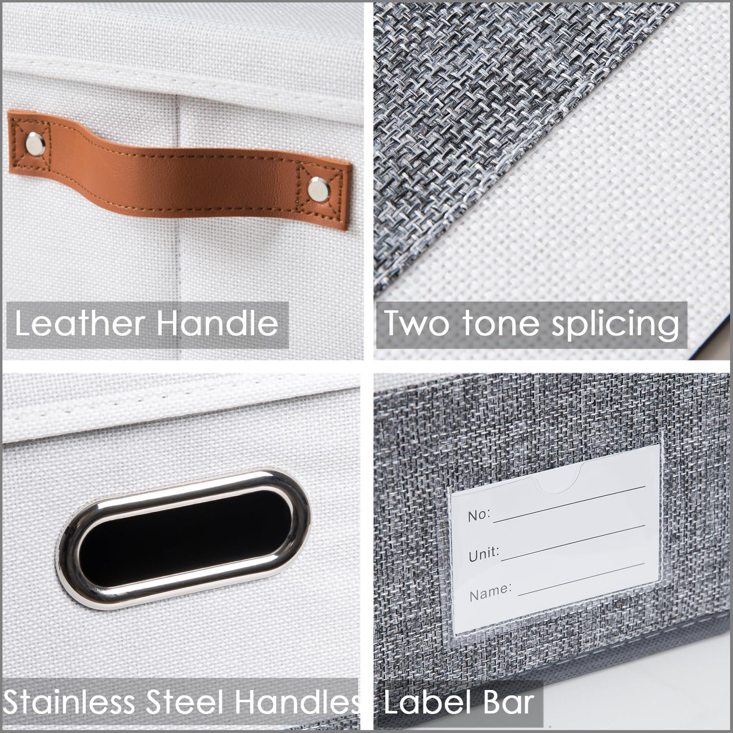 3 Pack Collapsible storage bins with lid. Foldable Storage bins for shelves, closet, office bedroom, or nursery. Containers made with linen fabric and stainless steel handles for organizing.