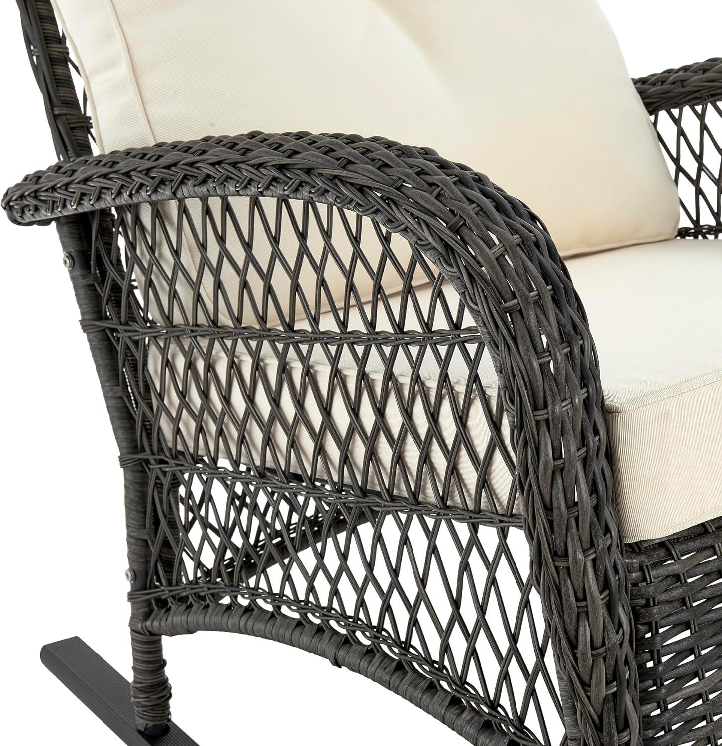 Cream Cushioned Steel Rattan Outdoor Rocking Chair