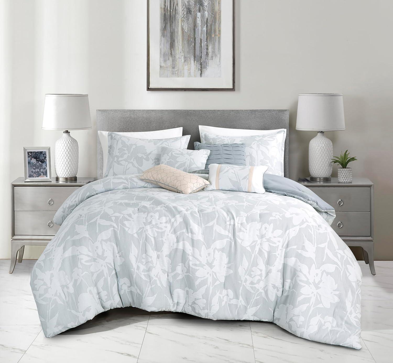 Full Size White and Gray Floral Comforter Set with Decorative Cushions