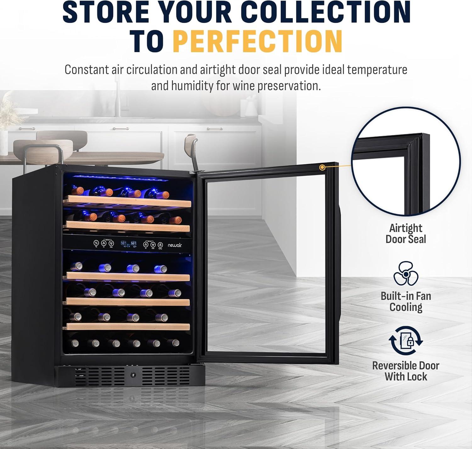 Newair 24 in. 46 Bottle Dual Zone Built-in Wine Refrigerator with Beechwood Shelves and Safety Lock