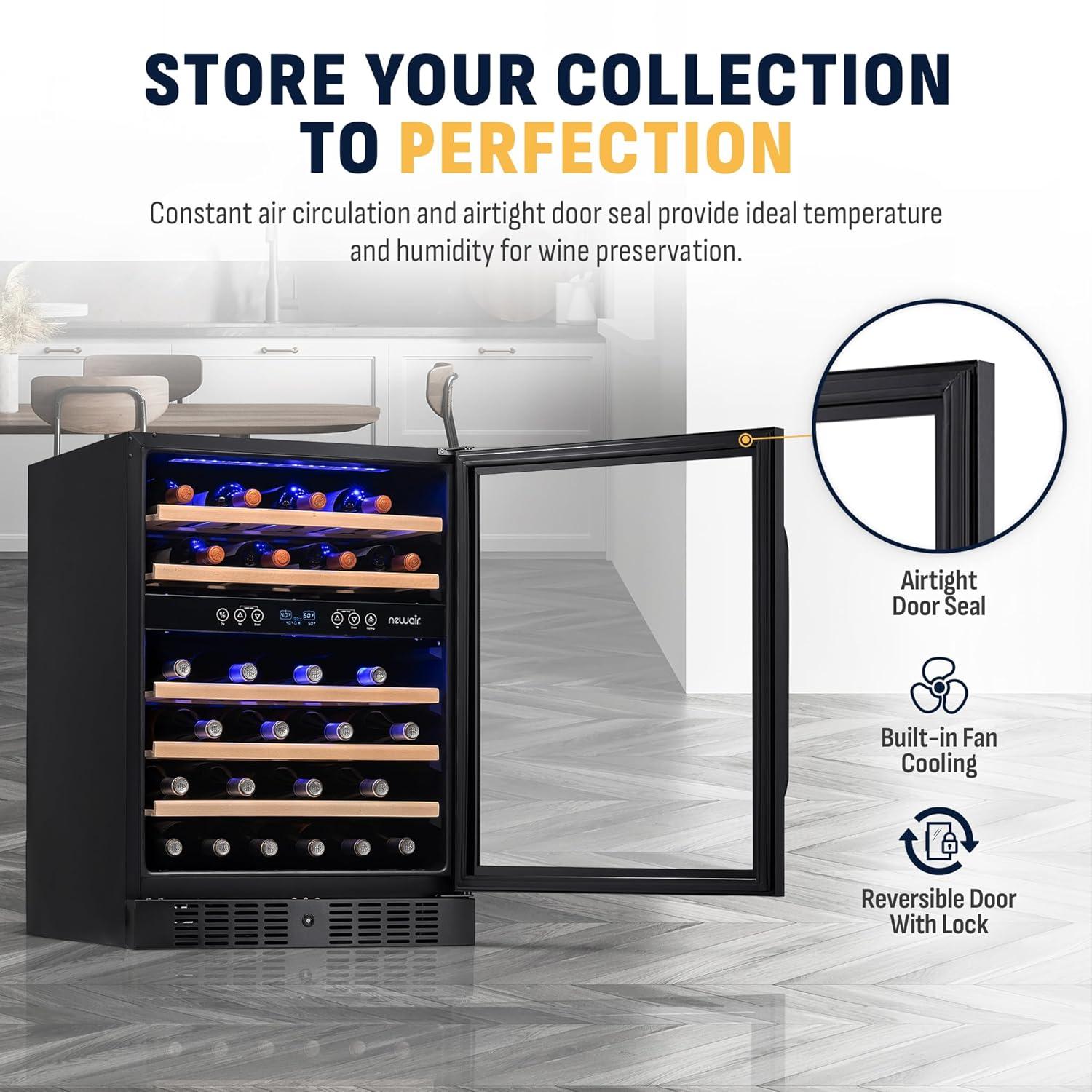 Newair 24” Built-in 46 Bottle Dual Zone Wine Cooler with Removable Beechwood Shelves in Black Stainless Steel