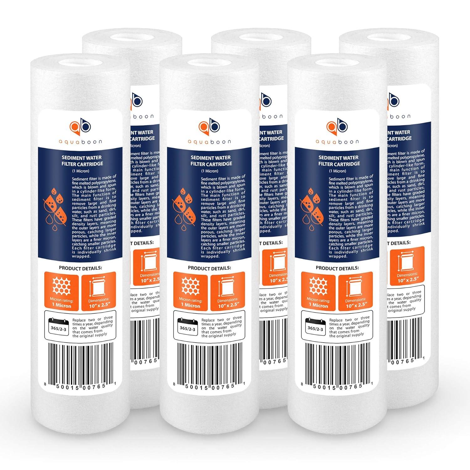 Aquaboon 6-Pack of 1 Micron 10" Sediment Water Filter Replacement Cartridge for Any Standard RO Unit | Whole House Sediment Filtration | Compatible with DuPont WFPFC5002, Pentek DGD series, RFC