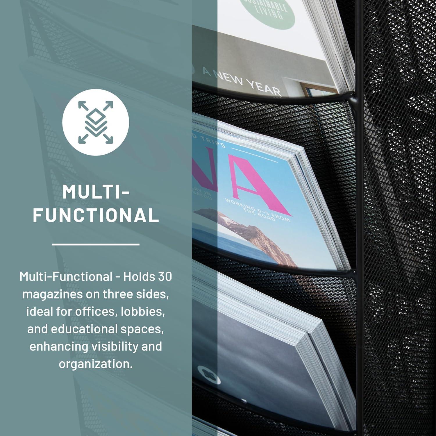 Black Powder-Coated Steel Mesh Rotating Magazine Stand with 30 Compartments