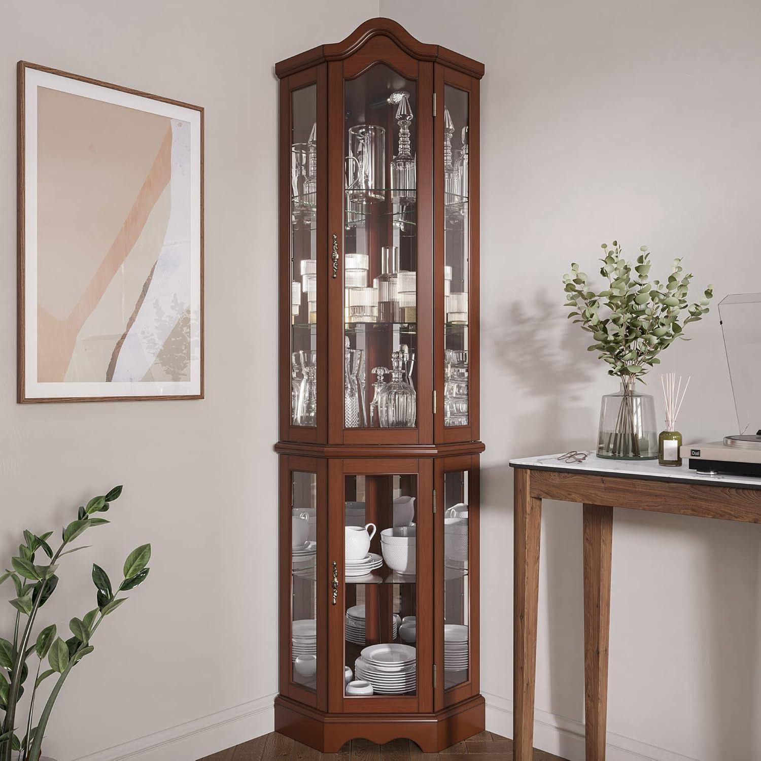 Walnut Corner Lighted Curio Cabinet with Glass Doors