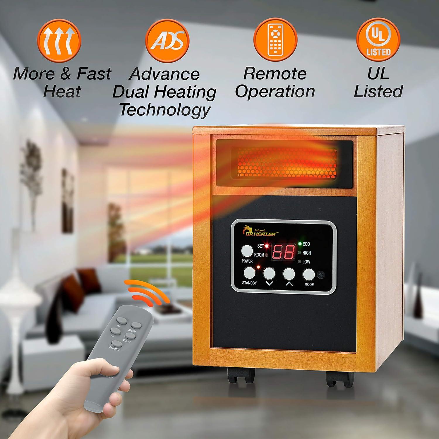 Dr. Infrared Heater 1500 Watt 5200 BTU Electric High Efficiency Cabinet Space Heater with Adjustable Thermostat , Remote Included and with Digital Display