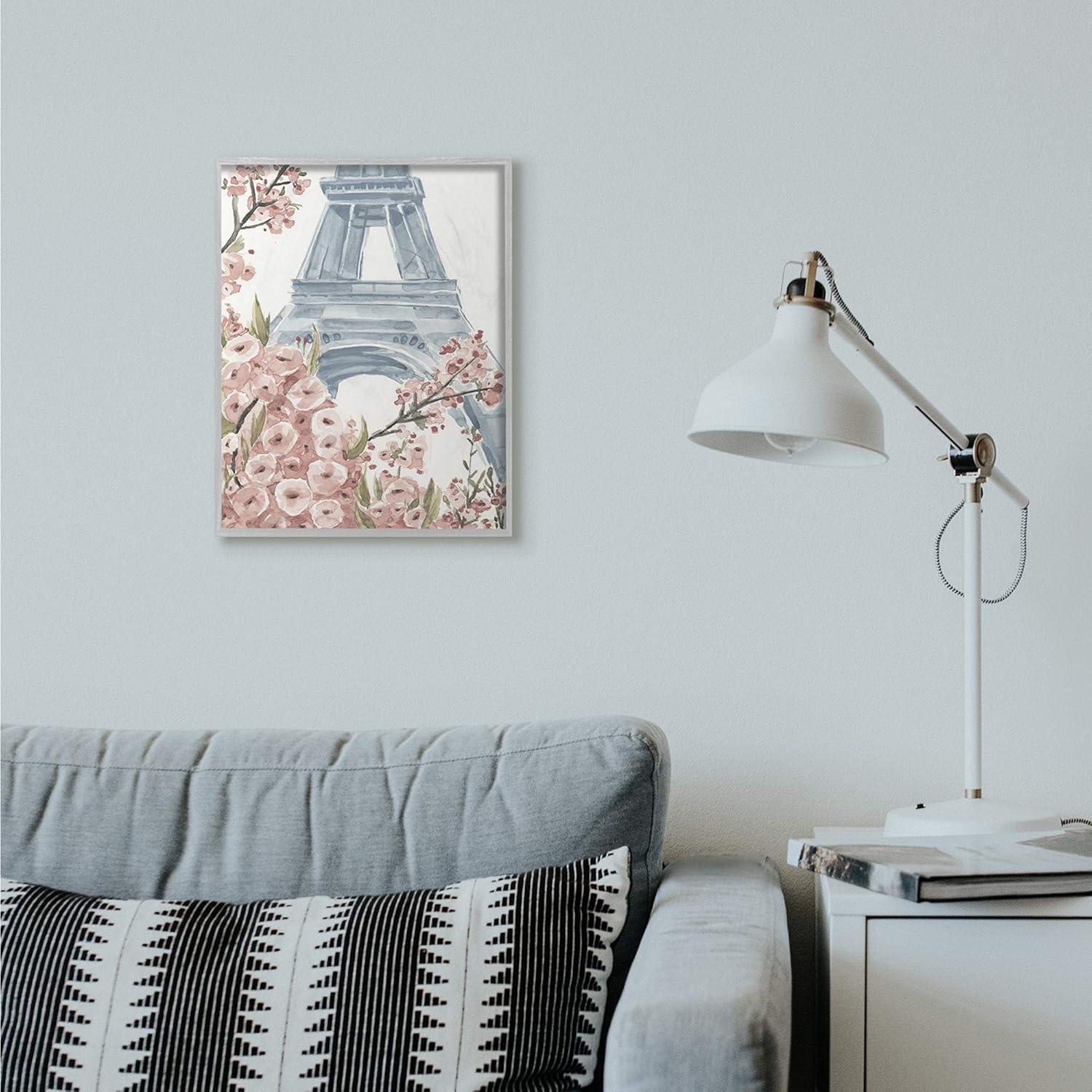 Stupell Industries Paris Flowers Eiffel Tower Pink Blue Watercolor Painting Gray Framed Wall Art, 16 x 20, byAnnie Warren