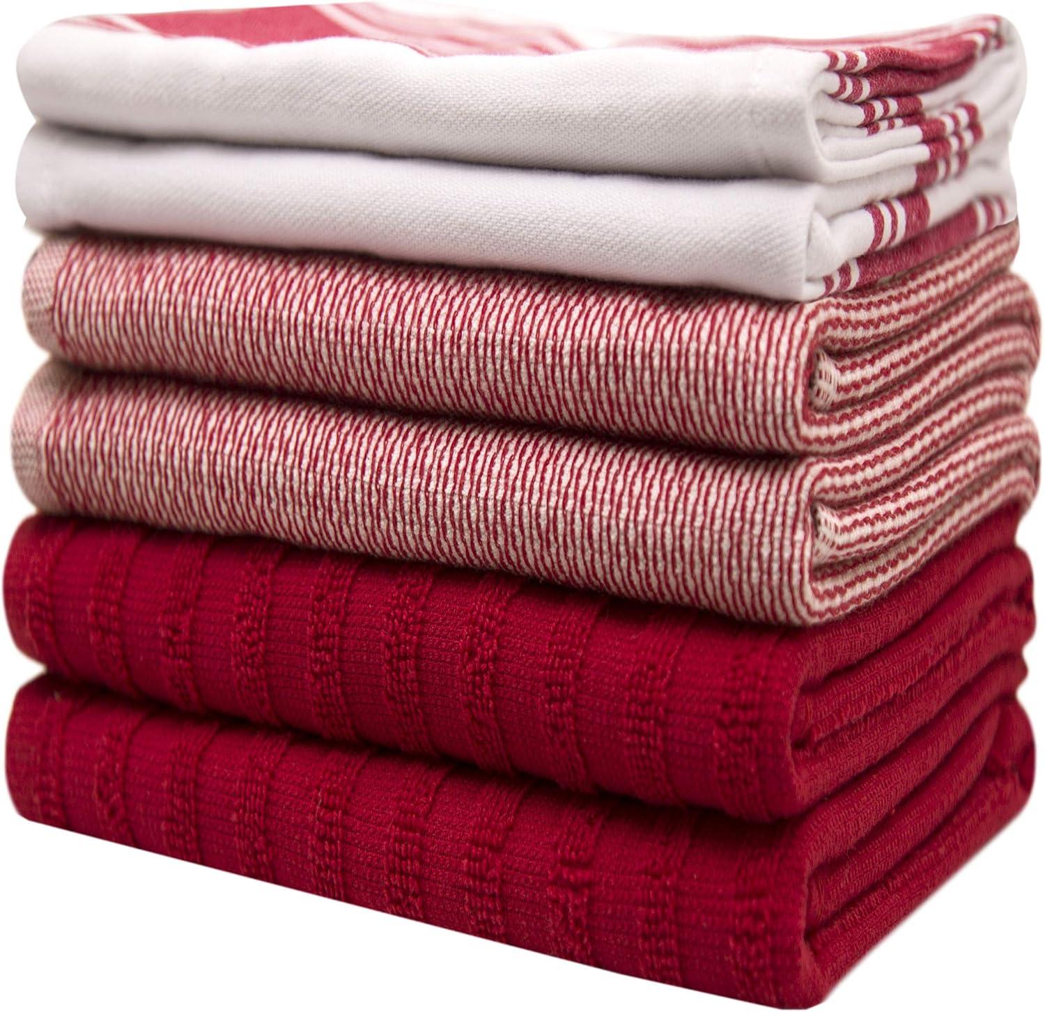 Premium Kitchen Towels (20”x 28”, 6 Pack) – Large Cotton Kitchen Hand Towels – Flat & Terry Towel – Highly Absorbent Tea Towels Set with Hanging Loop (Wide Stripe Red)