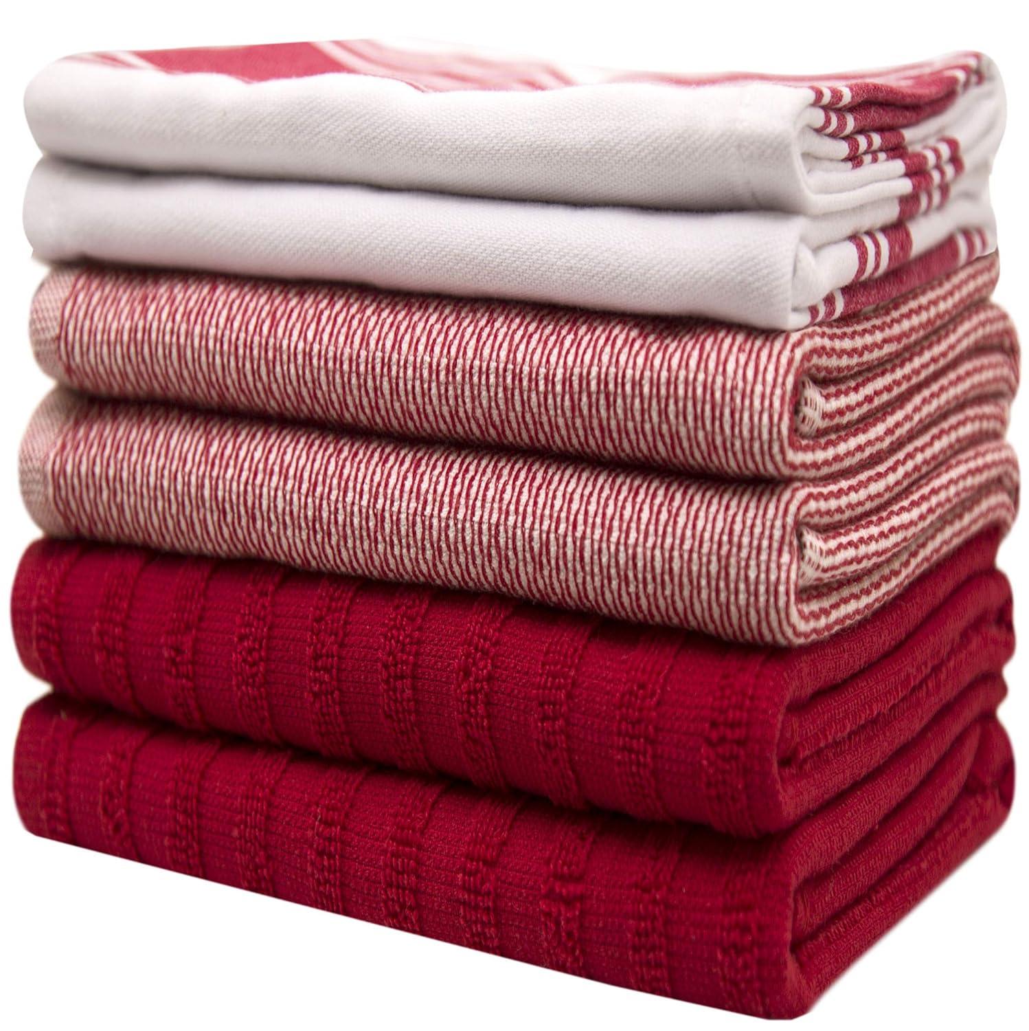 Premium Kitchen Towels (20”x 28”, 6 Pack) – Large Cotton Kitchen Hand Towels – Flat & Terry Towel – Highly Absorbent Tea Towels Set with Hanging Loop (Wide Stripe Red)