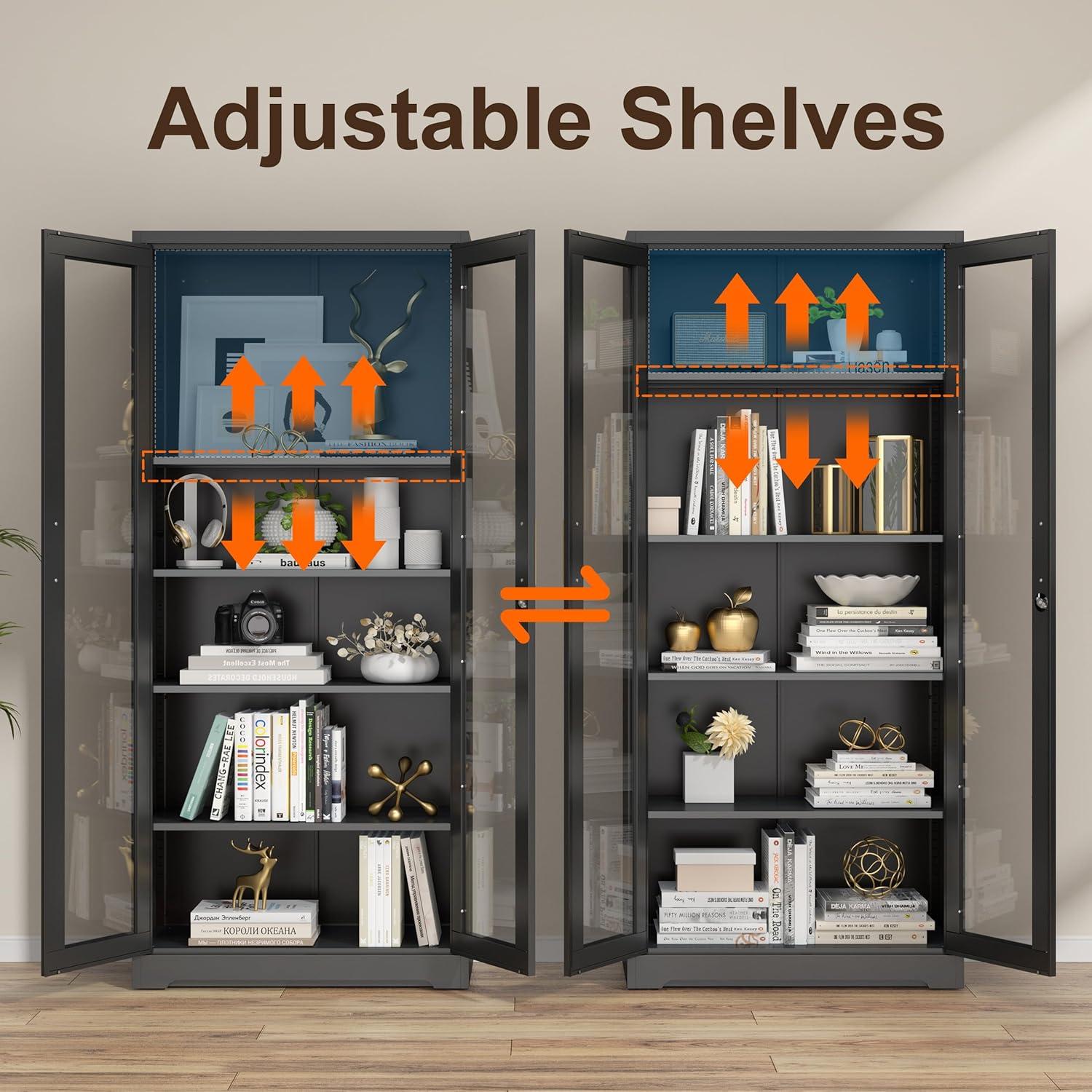 Display Cabinet With Glass Doors, Curio Cabinets With 4 Adjustable Shelves, Locking Glass Cabinet Display Case For Home, Office, Clinic, Pantry, Assemble Required