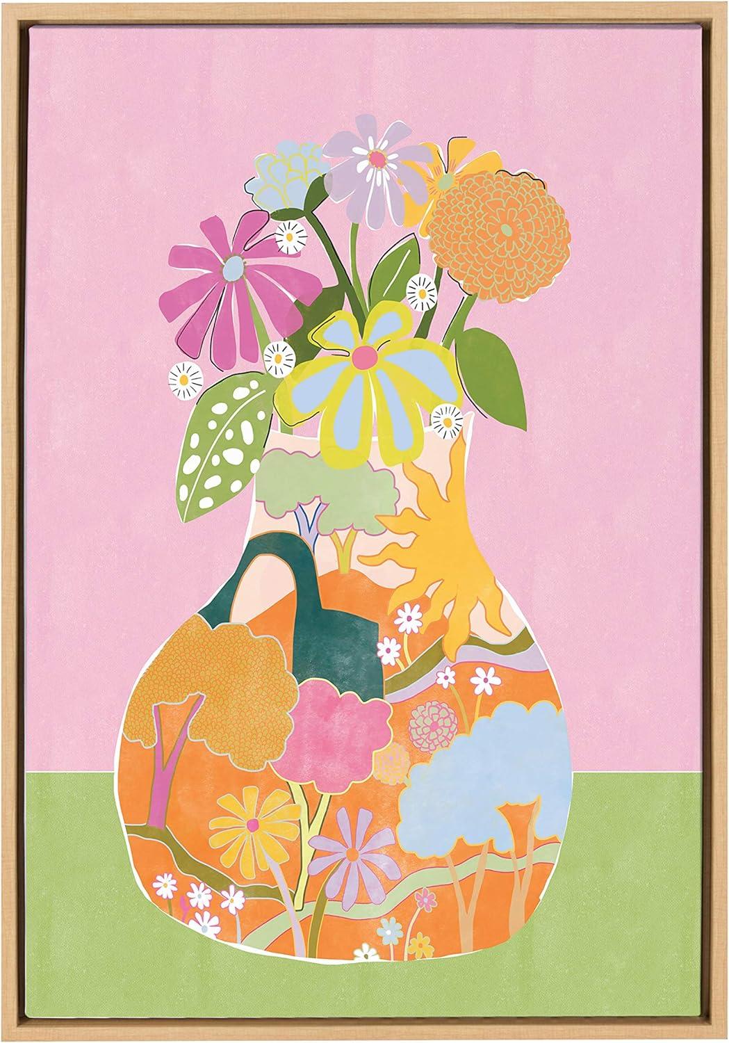 Whimsical Floral Vase Print on Canvas with Natural Frame