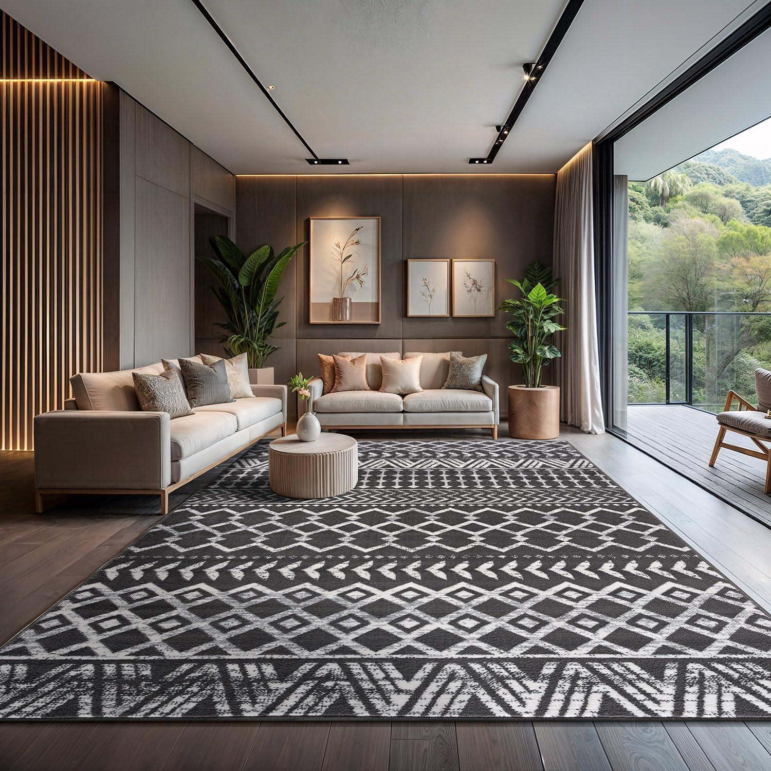 CAMILSON Boho Moroccan Dark Gray Rug Geometric Diamond 8x10 Area Rugs for Living Room Bedroom Kitchen Modern Bohemian Soft Stain Resistant Non-Shedding Indoor Carpet (8 x 10 Dark Grey and Cream)