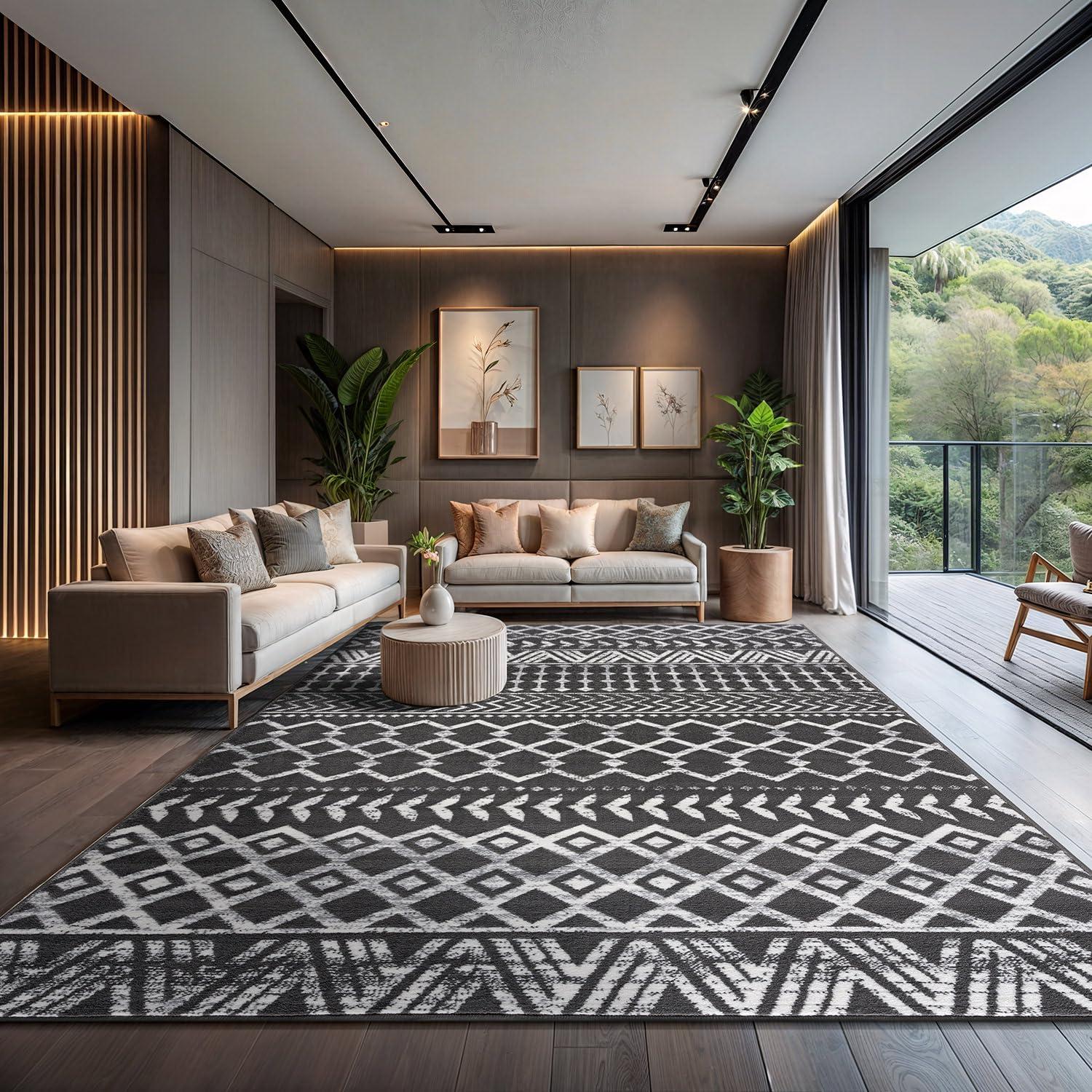 CAMILSON Boho Moroccan Dark Gray Rug Geometric Diamond 8x10 Area Rugs for Living Room Bedroom Kitchen Modern Bohemian Soft Stain Resistant Non-Shedding Indoor Carpet (8 x 10 Dark Grey and Cream)