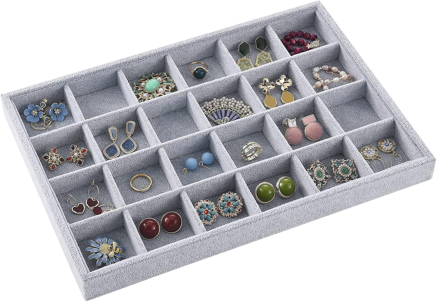 Coofanin Jewelry Box Jewelry Tray Stackable Display Drawer Showcase Organizer Storage Holder for Ring Earring Bracelet Gray Velvet 24 Grid (Grey )