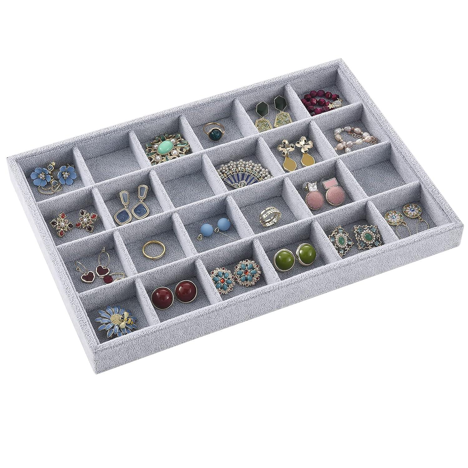 Coofanin Jewelry Box Jewelry Tray Stackable Display Drawer Showcase Organizer Storage Holder for Ring Earring Bracelet Gray Velvet 24 Grid (Grey )