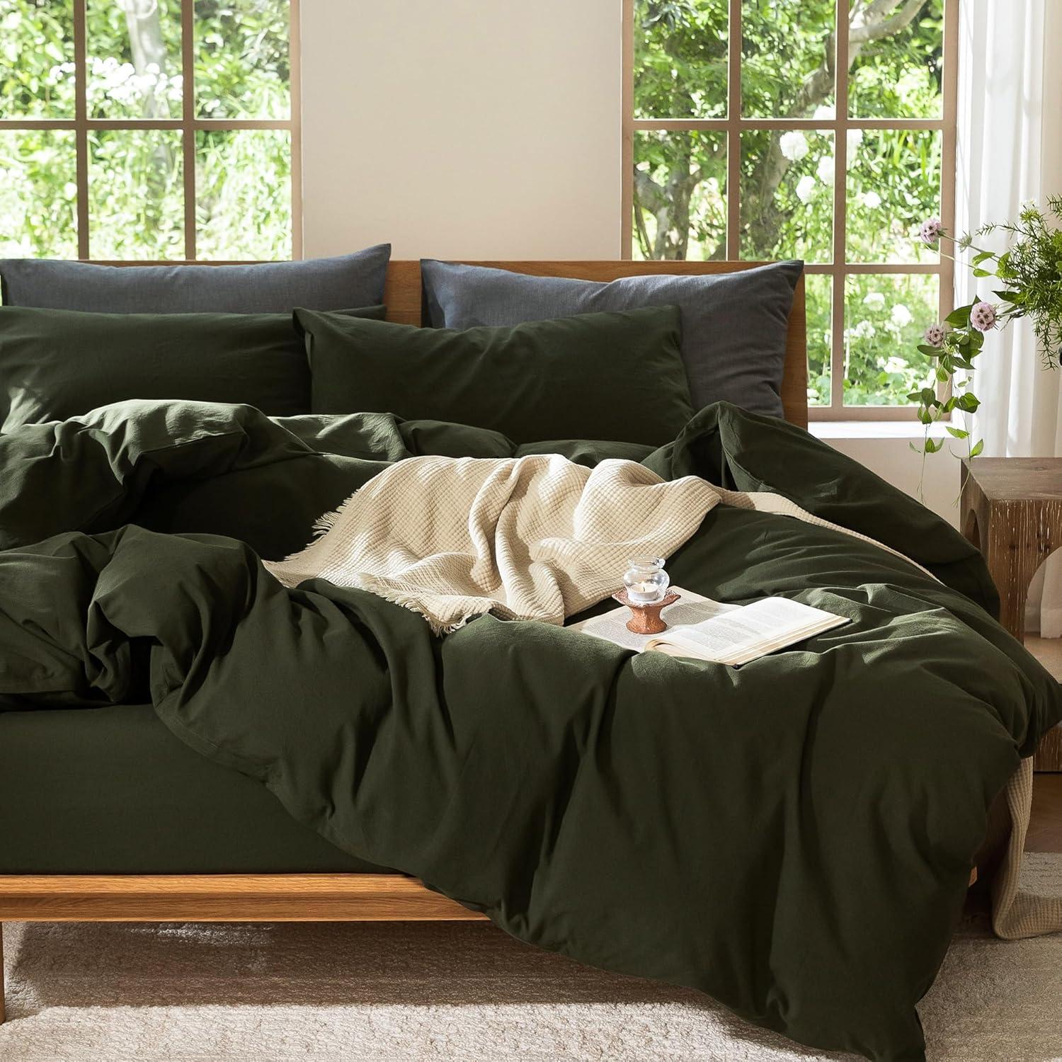 MOOMEE 100% Washed Cotton Linen Like Textured Duvet Cover Set
