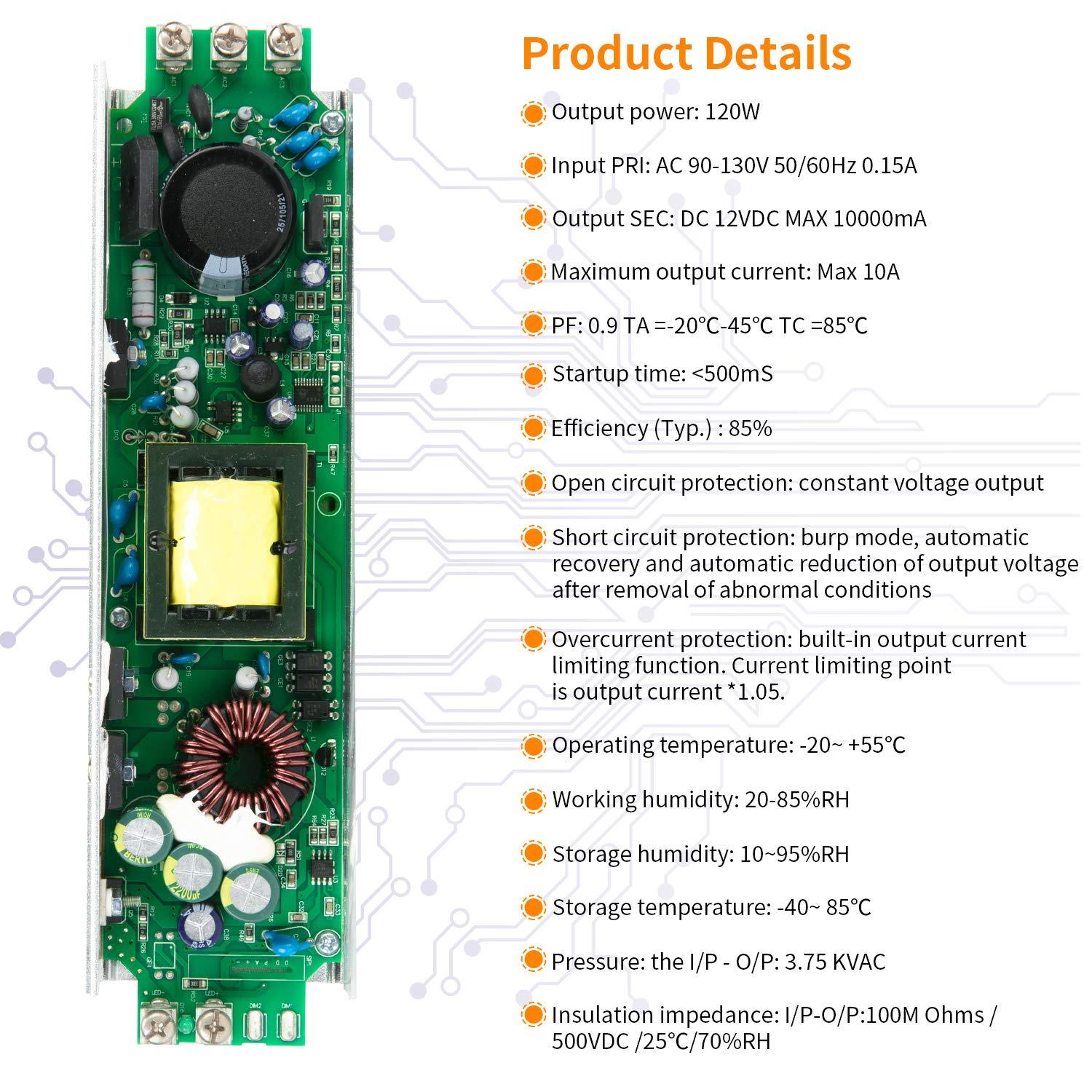 LED Dimmable Driver 120W 12V DC Quiet Operation Universal Regulated 12V Dimmable Power Supply Low Voltage Transformer for Constant LED Lights