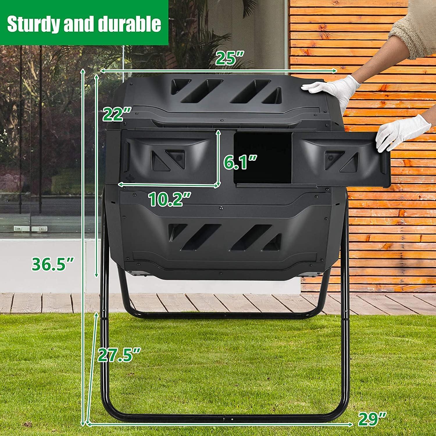 HomGarden Composting Tumbler 43gal Composter Bin W/ Dual Chamber BPA Free Black