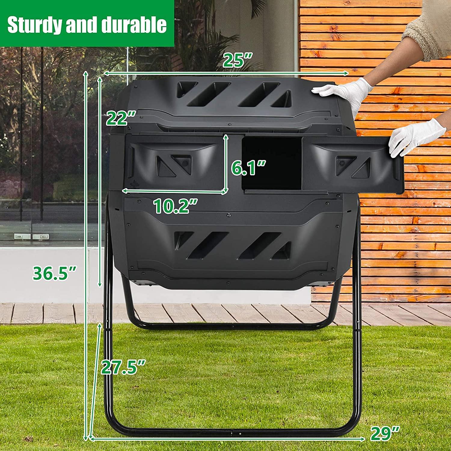 HomGarden Composting Tumbler 43gal Composter Bin W/ Dual Chamber BPA Free Black