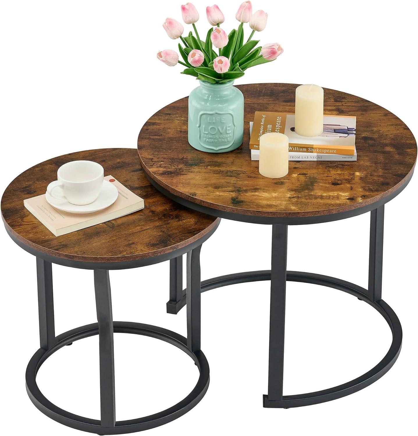 Bennium Industrial Round Nesting Coffee Table Set of 2, Circle Coffee Table Nested Sets Sturdy Stacking Table for Living Room Small Spaces Office, Easy Assemble, Rustic Brown