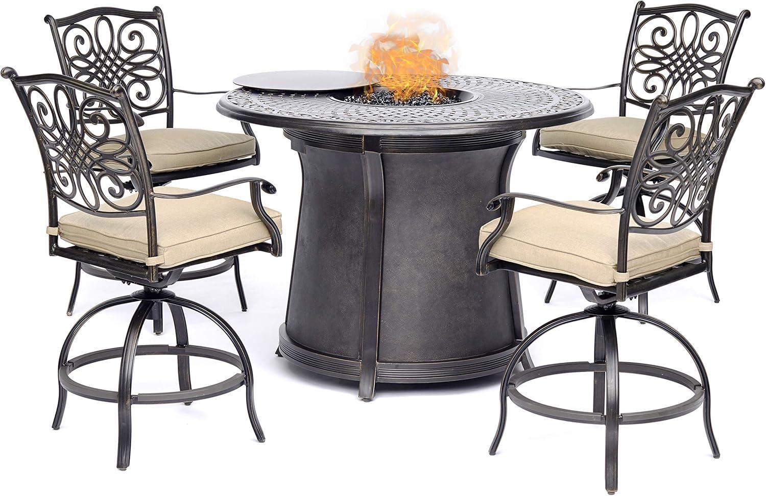 Tan Elegance 48" Aluminum High-Dining Fire Pit Set with 4 Swivel Chairs