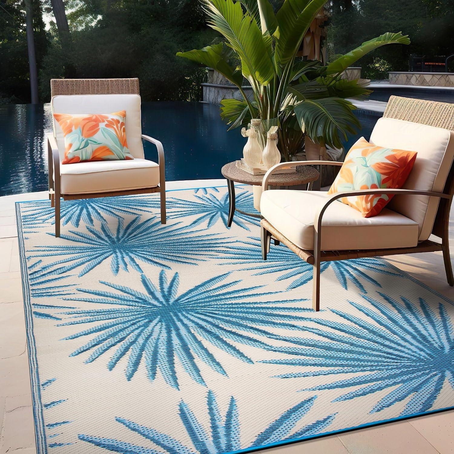 Blue Floral Reversible Synthetic 5' x 7' Outdoor Rug