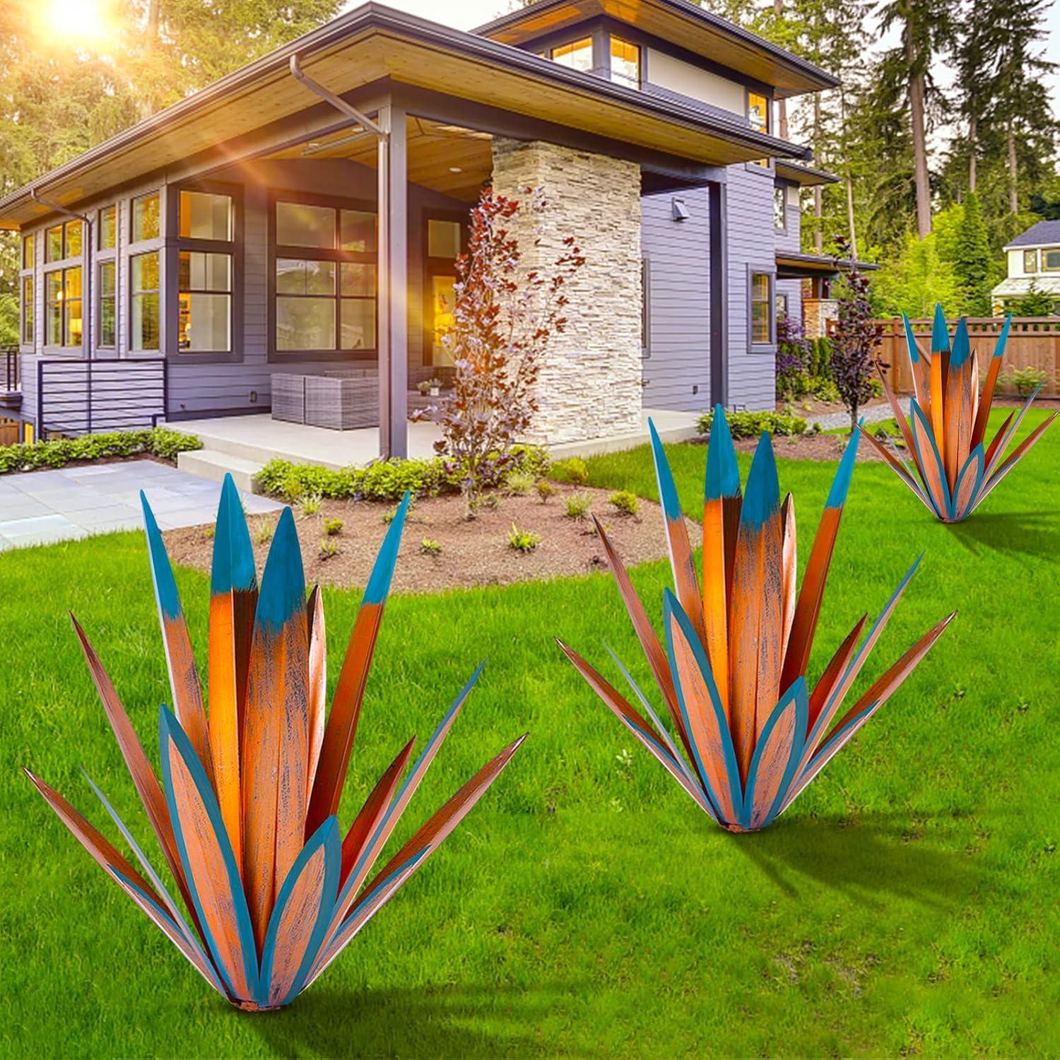 Large Orange and Blue Metal Agave Garden Sculpture