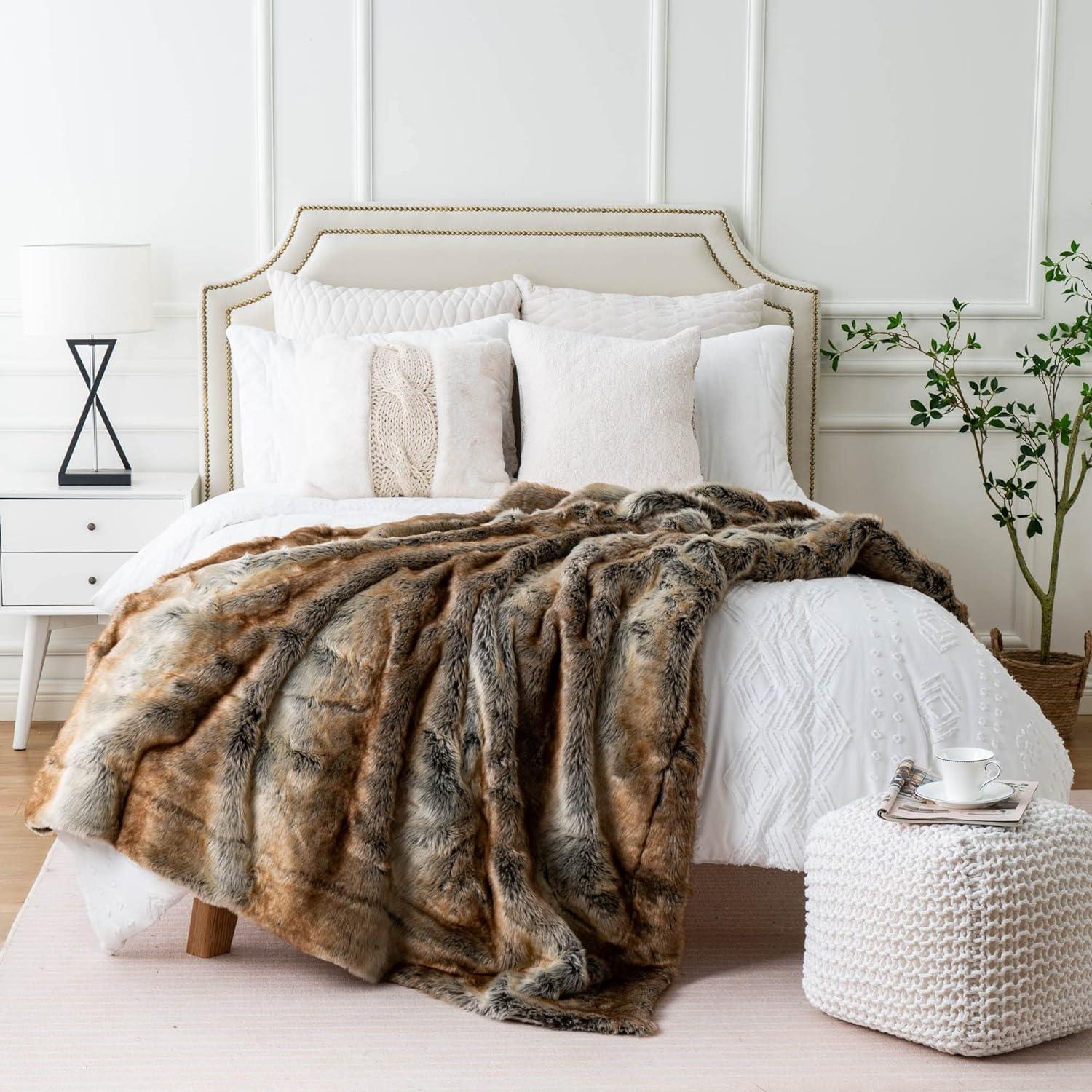 Battilo Brown Faux Fur Blanket, Fuzzy Thick Warm Throw Blankets,Decorative Fur Throws for Bed Sofa Chair ,60"x80"