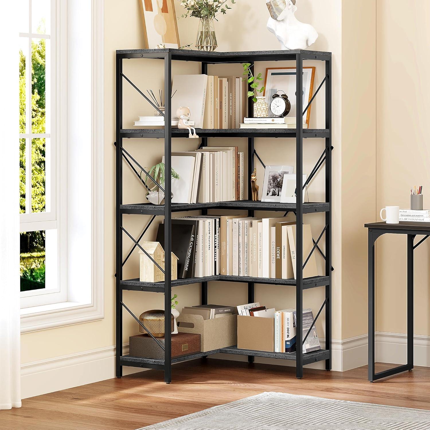 Gray and Black Adjustable 5-Tier Corner Bookshelf