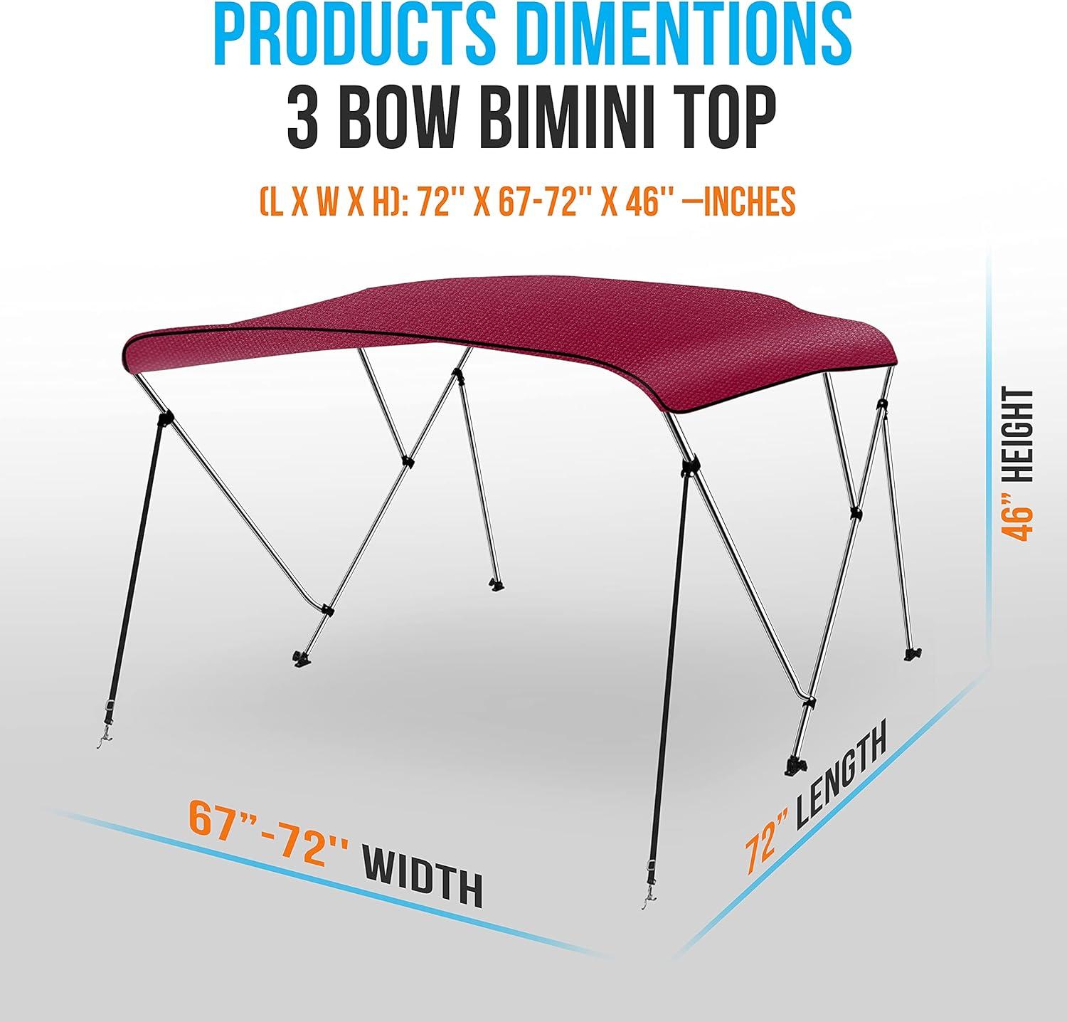 SereneLife 3 Bow Bimini Top - 2 Straps And 2 Rear Support Poles With Marine-Grade 600D Polyester Canvas (Gray) | Wayfair