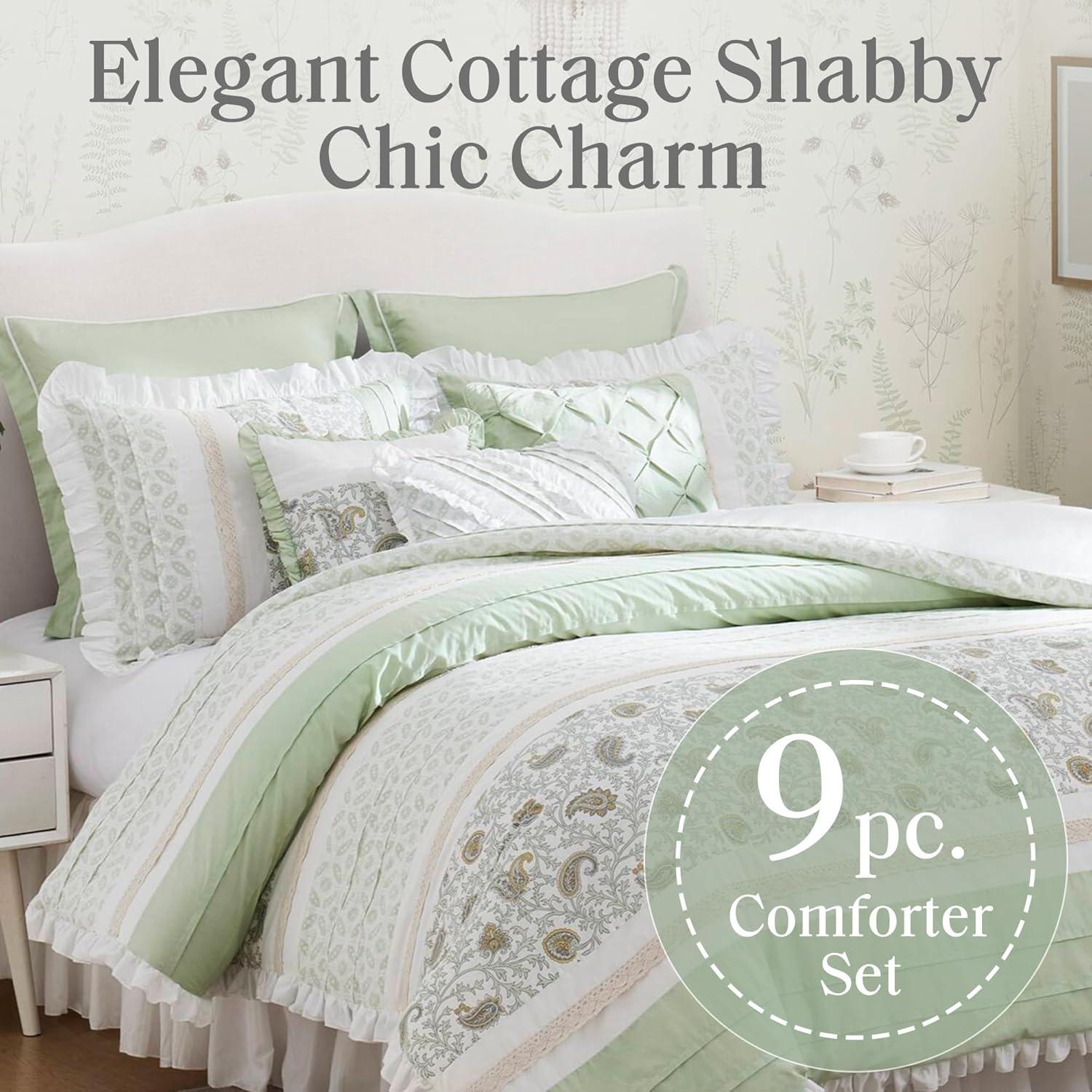 Madison Park Cal King Cotton 9-Piece Comforter Set with Lace Taping Pintucked Printed Bed in a Bag Bedding Set with Decorative Pillows and Euro Shams, Sage Green