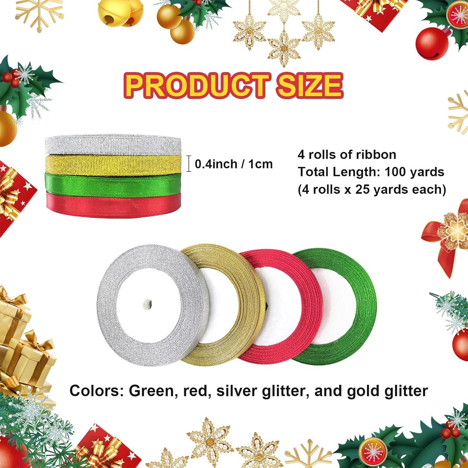 DECYOOL 4 Rolls 100 Yards Christmas Ribbons Metallic Glitter Fabric Holiday Festival Satin Ribbons 10mm Wide for Gift Wrapping Decoration