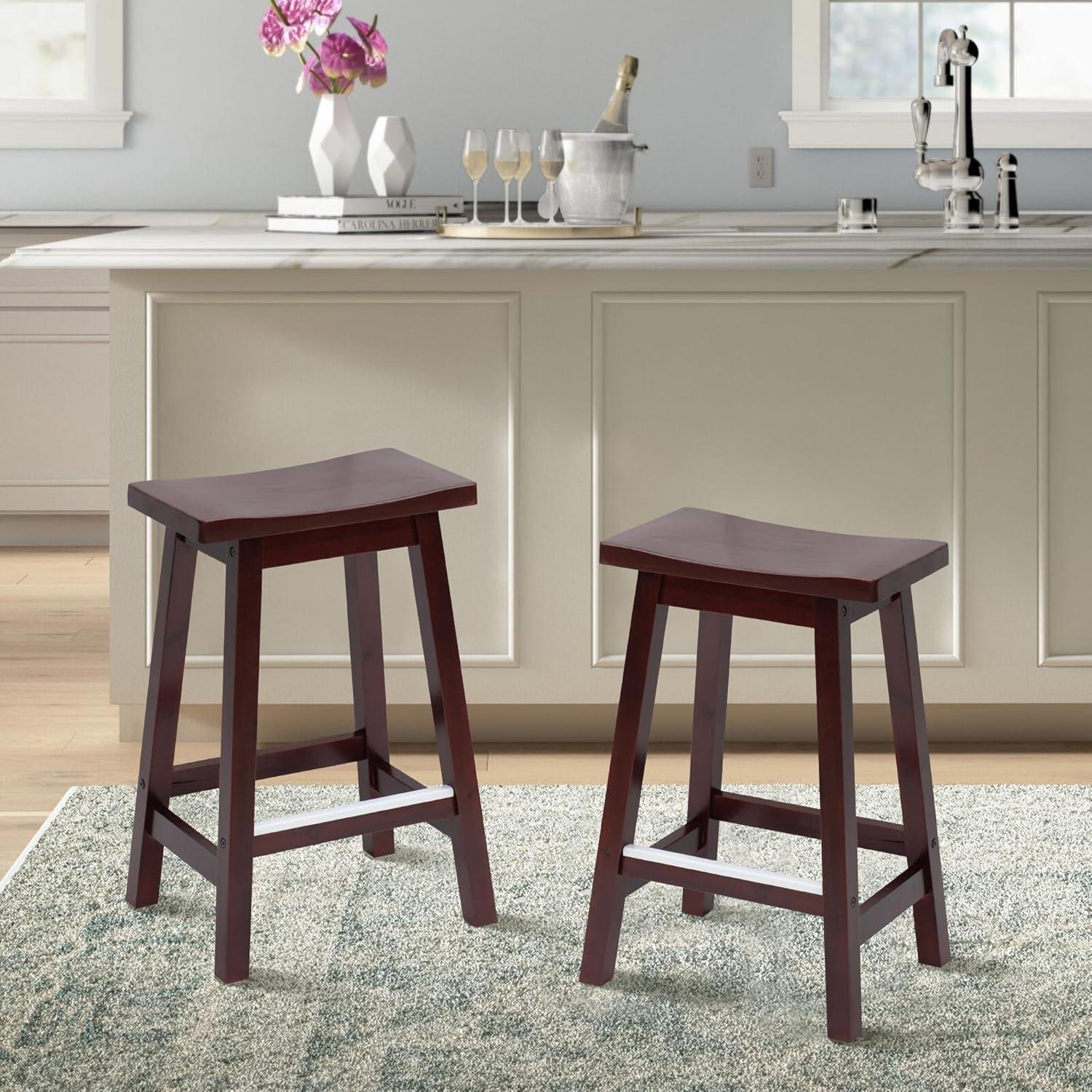 QuellQuest Bar Stools Set of 2 for Kitchen Counter Solid Wooden Saddle Stools 24-Inch/30-Inch Height (Brown, 24 in)