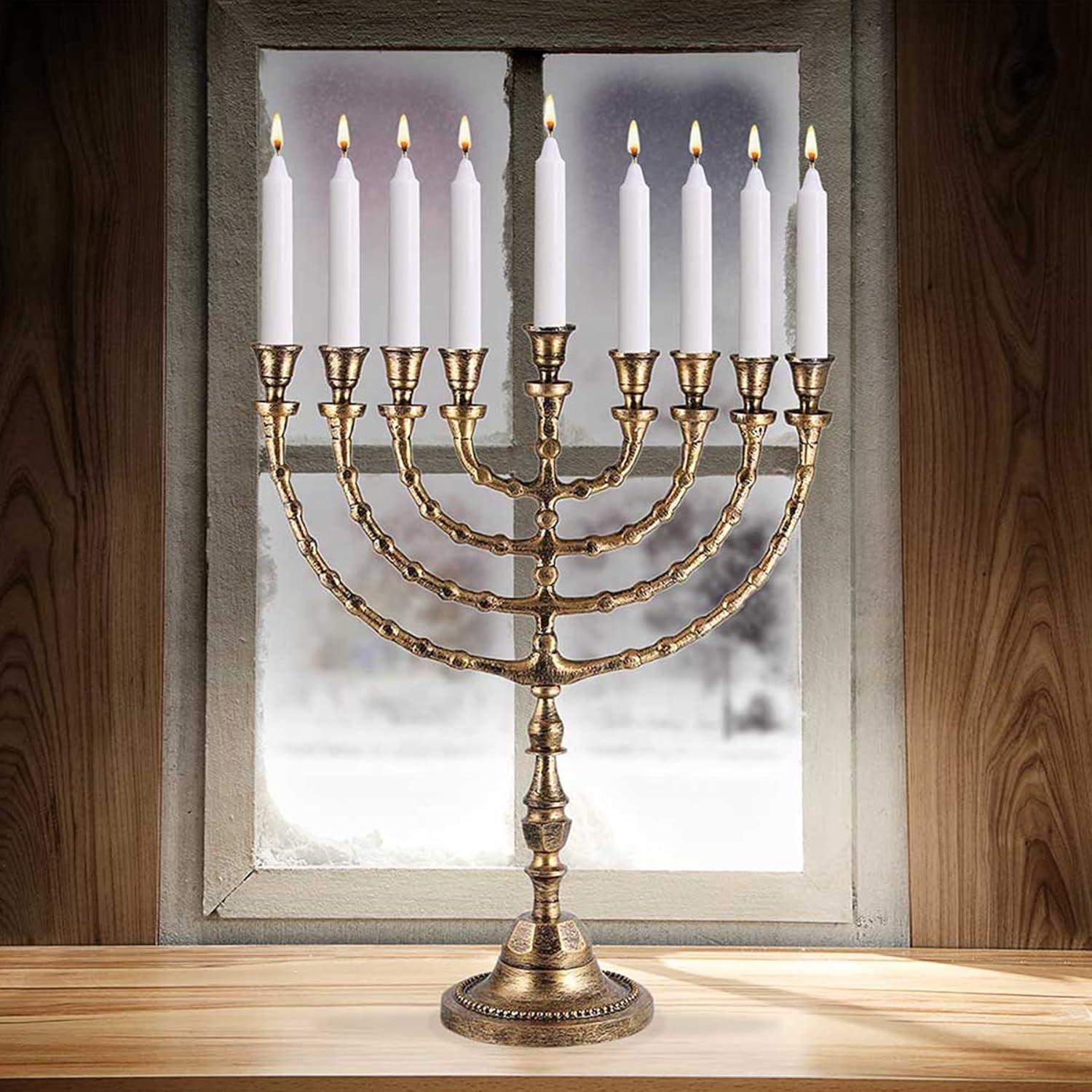 Zion Judaica Extra Large Traditional Chanukah Menorah use with Thick Shabbat Candles or Oil Cups Antique Gold Hanukkah Minorah for Shul, Synagogue, Temple 21" Tall Large Candle Chanukiah