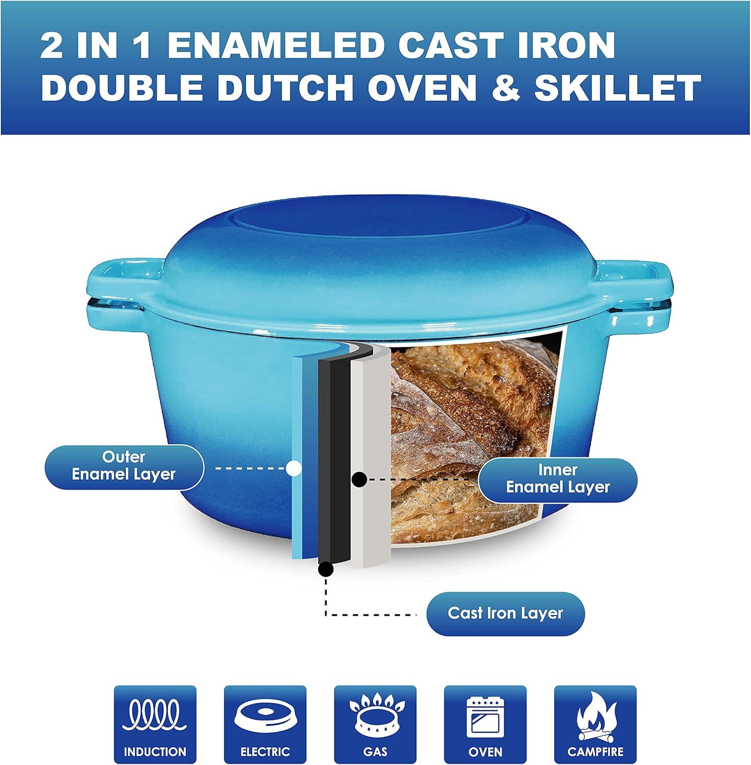 Bruntmor 2-in-1 Enamel Cast Iron Dutch Oven With Handles - Crock Pot Caribbean Blue Cast Iron pot with Skillet lid - All-in-One Cookware Braising Pan for Casserole Dish - 5 Quart, Caribbean Blue