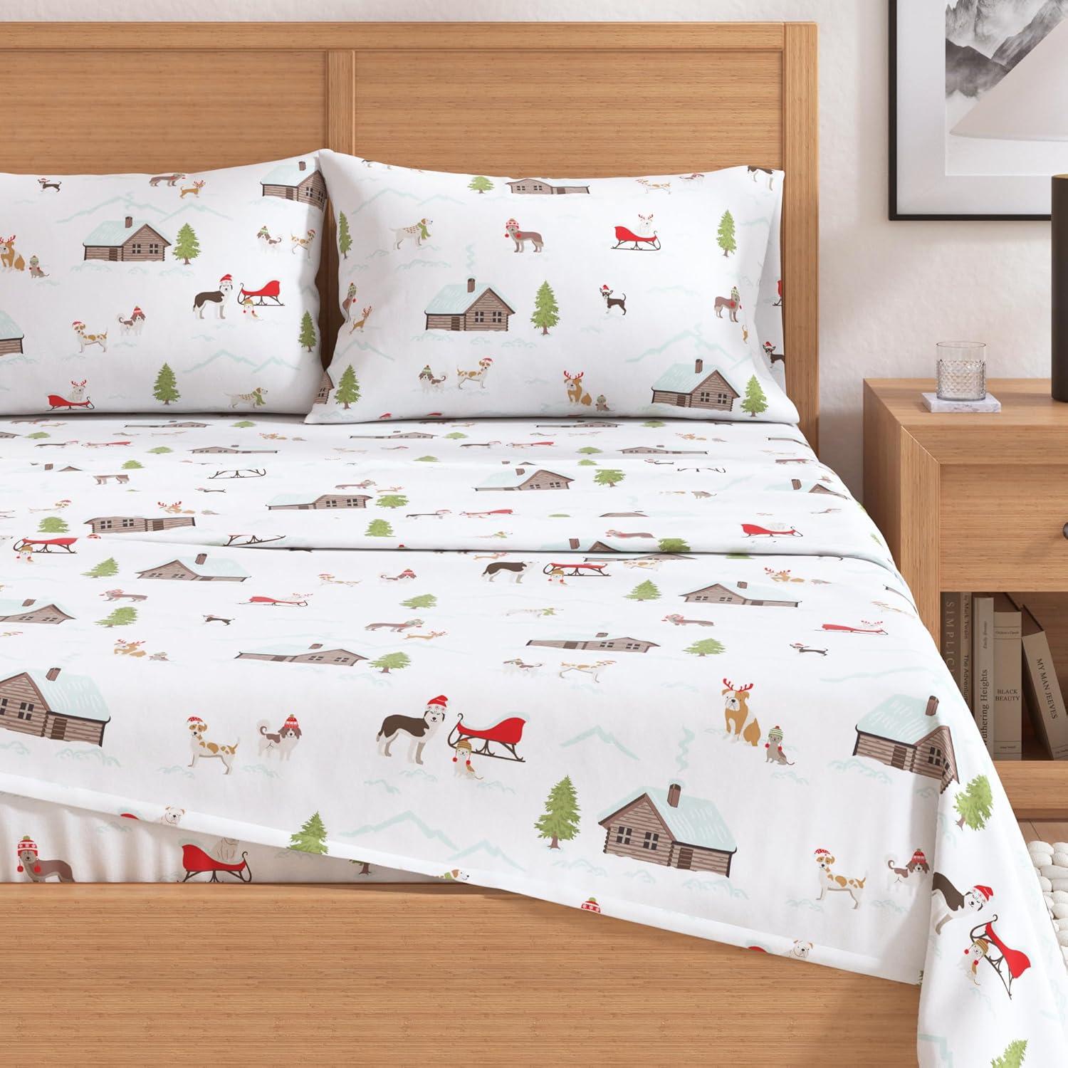 100% Cotton Holiday Flannel Sheet Set - Great Bay Home (Queen, Pups with Hats)