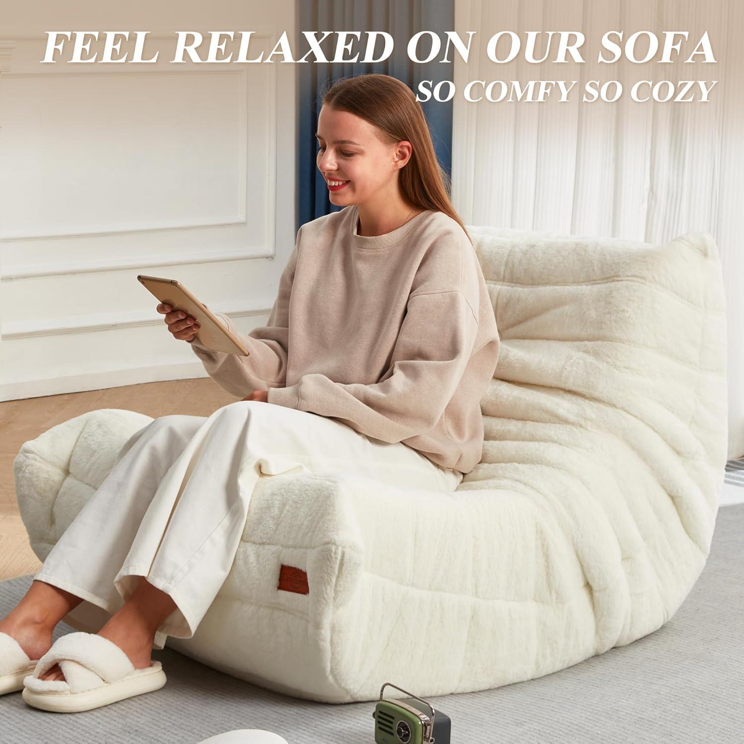 Bean Bag Chair Big Sofa Beanbag Chair for Adults Fireside Chair Bean Bag Lounger with Memory Foam Filled for Home,Apartment or Gaming Venue (White Plush)
