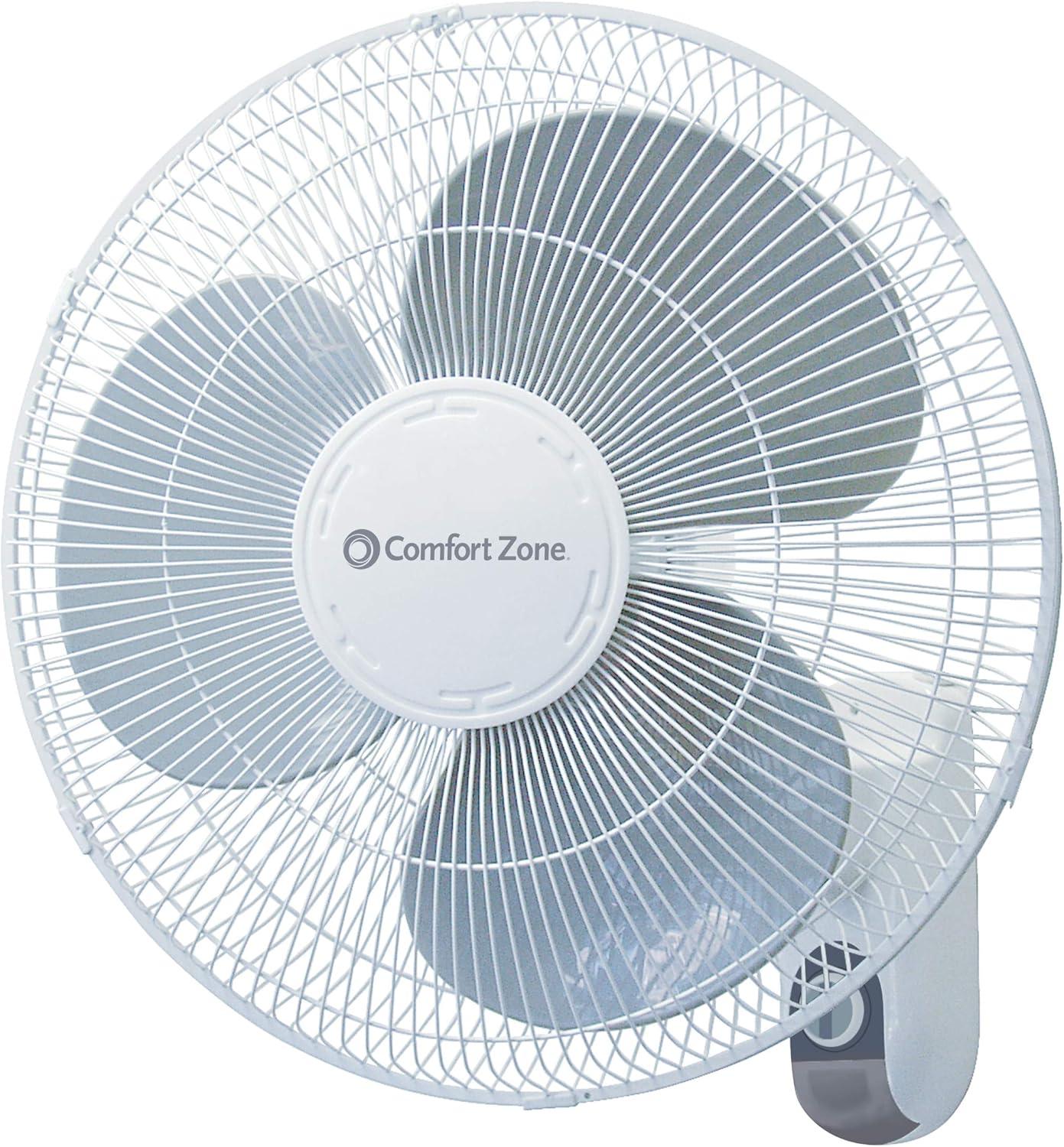 Comfort Zone 16" Oscillating Wall Mount Fan with Adjustable Tilt, 3 Speed, Metal Grille, 90 Degree Oscillation, Airflow 14.07 ft/sec, Ideal for Home, Bedroom, Gym & Office, CZ16W