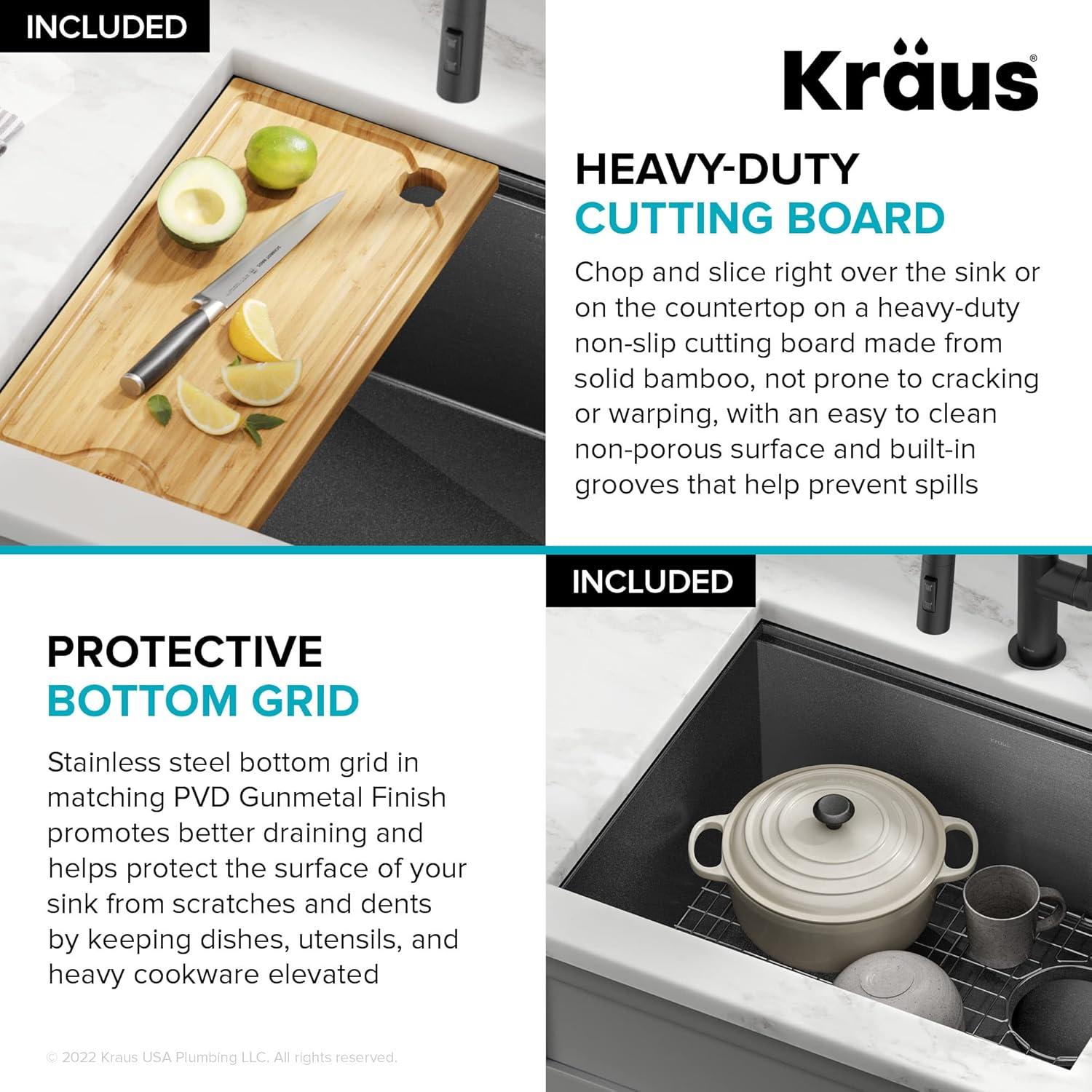 KRAUS Kore™ Undermount Workstation 16 Gauge Black Stainless Steel Single Bowl Kitchen Sink in PVD Gunmetal Finish