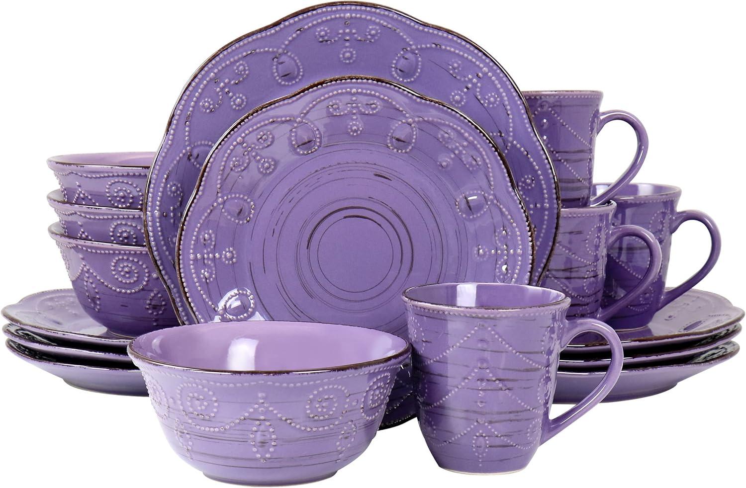 Purple Ceramic 16-Piece Rustic Birch Dinnerware Set