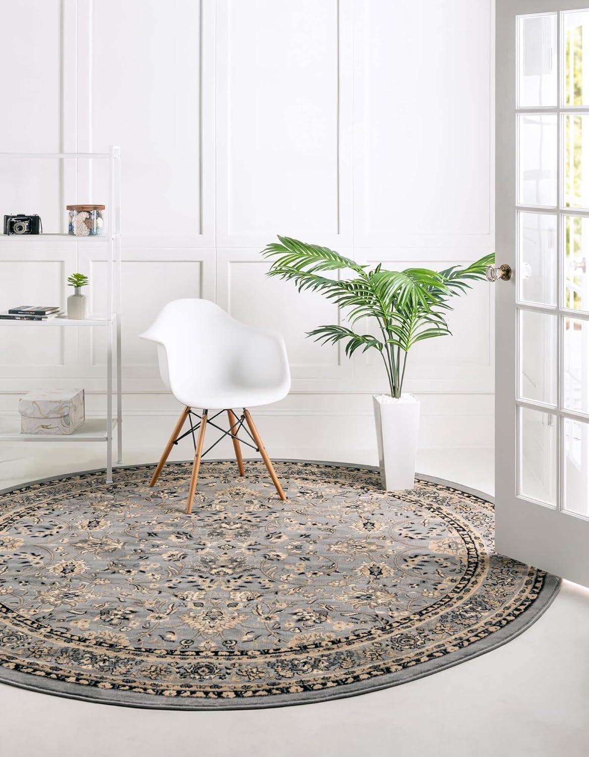 Gray and Ivory Round Synthetic Stain-Resistant Area Rug